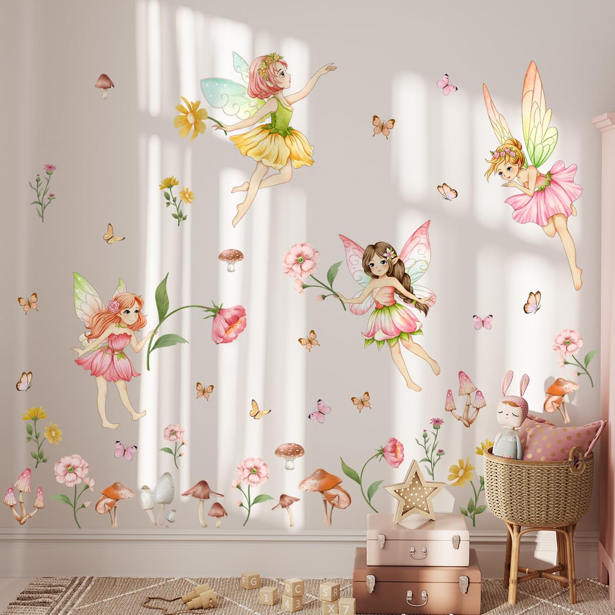 Vinilo decorativo para pared, diseño de hada de flores, diseño de hongos del bosque, pegatinas de pared con mariposa, murales de pared florales extraíbles para despegar y pegar para niños, papel