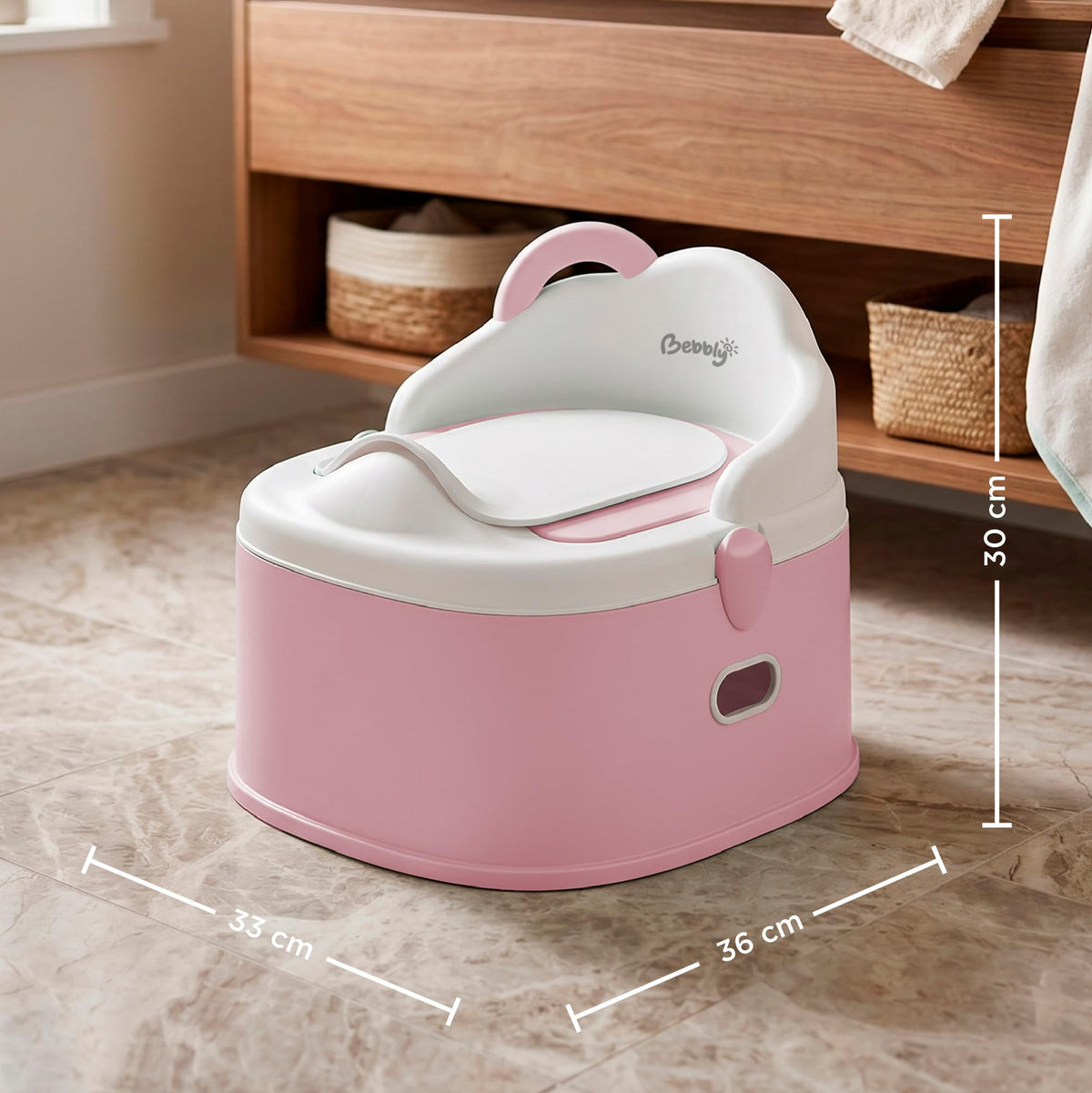 BEBBLY Bañito Entrenador Infantil 3 en 1, Bacinica, Asiento Reductor y Banco con Almacenamiento Antiderrapante para Niños de 6 Meses a 3 Años, Fácil de Limpiar, para Aprender a ir al Baño (Rosa)