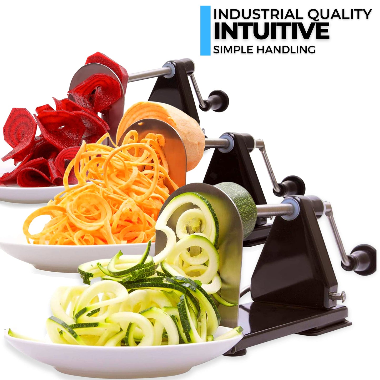 ICO 4-hoja Spiralizer cortador de verduras, más fuerte que todos los cortadores de plástico con 3 cuchillas intercambiables y 1 integrado, negro