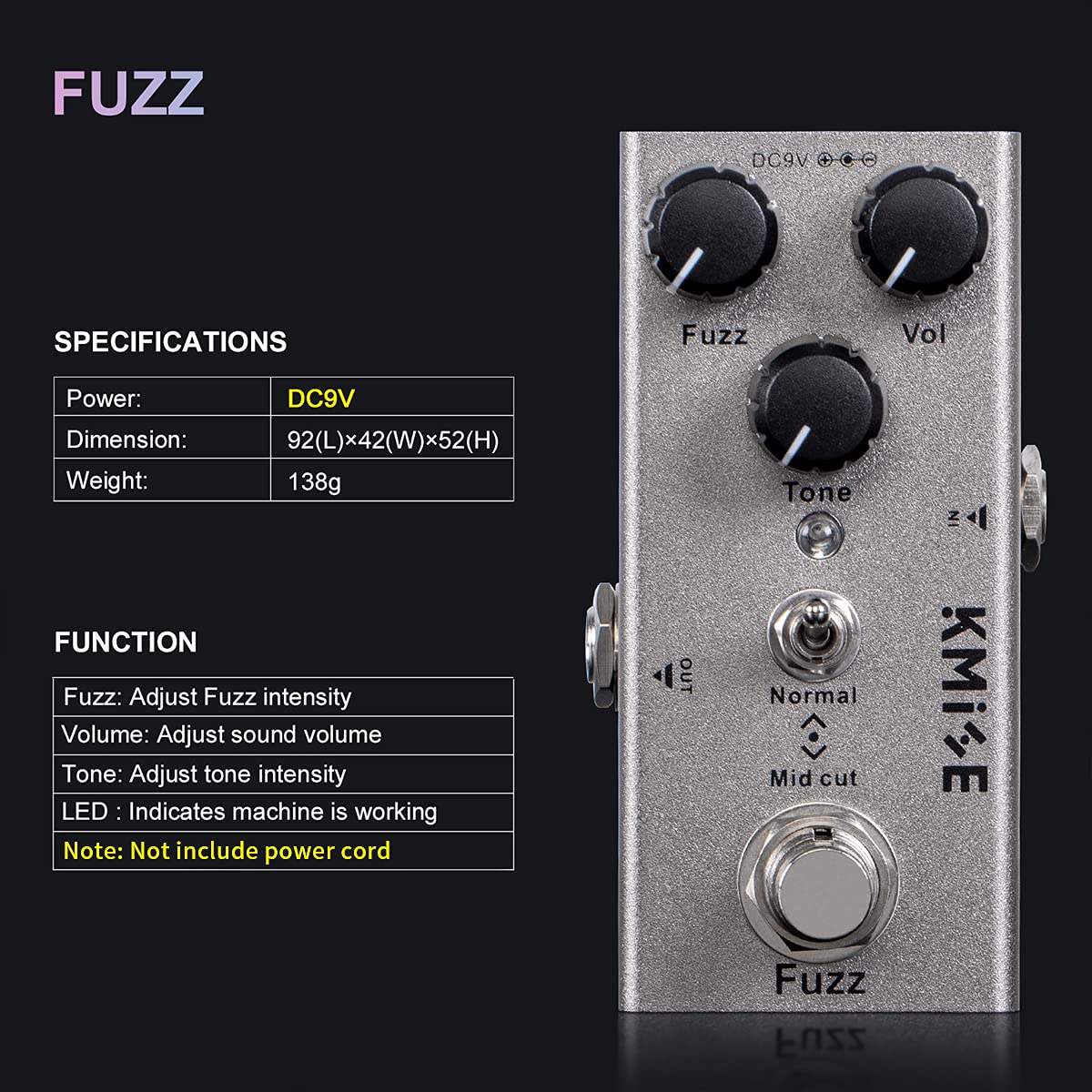 lotmusic Pedal de efectos de guitarra eléctrica Mini tipo único DC 9V True Bypass (Fuzz)