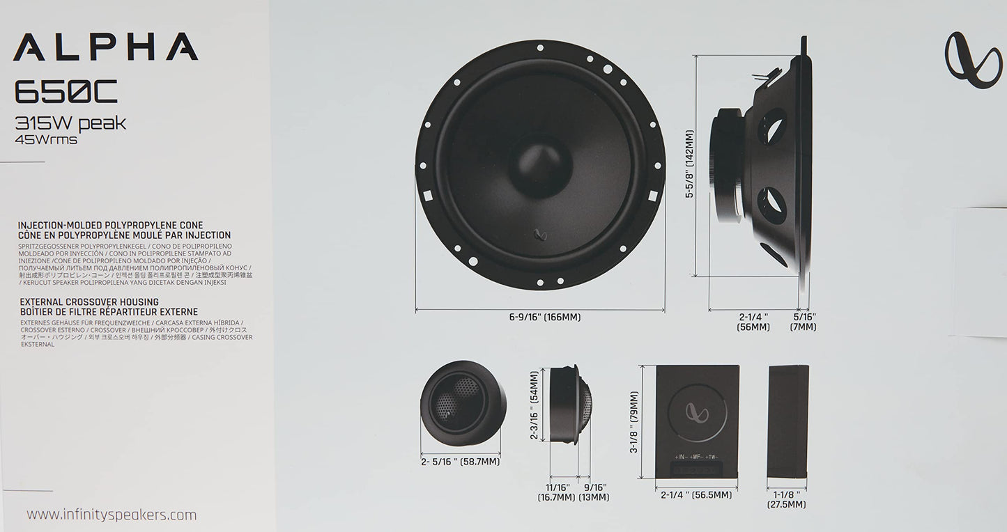 Infinity Alpha 650C - Altavoz de Coche de componentes bidireccionales de 6.5 Pulgadas, Potencia máxima de 315 vatios