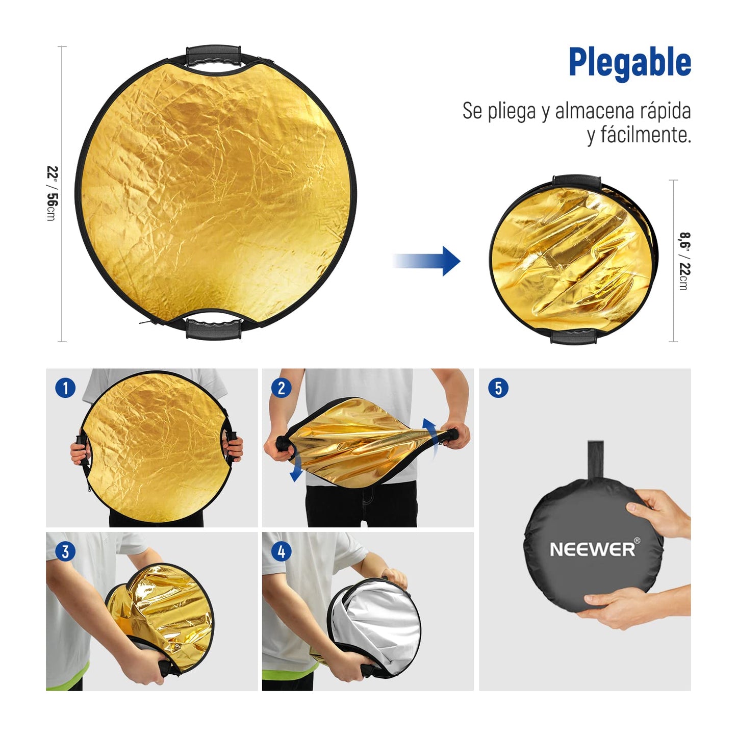 NEEWER Reflector de Luz de 22"/56cm con Empuñadura Rosca 3/8", Difusor de Luz de Disco Plegable 5 en 1 Translúcido/Plateado/Dorado/Blanco/Negro para Iluminación Fotográfica, para Exteriores, RF-110II
