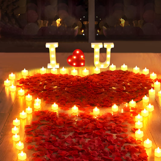 LAMATY Juego de letreros B- I LOVE U 1027 piezas con 3 letras LED, 24 velas LED, 1000 pétalos de rosa artificiales, decoración romántica