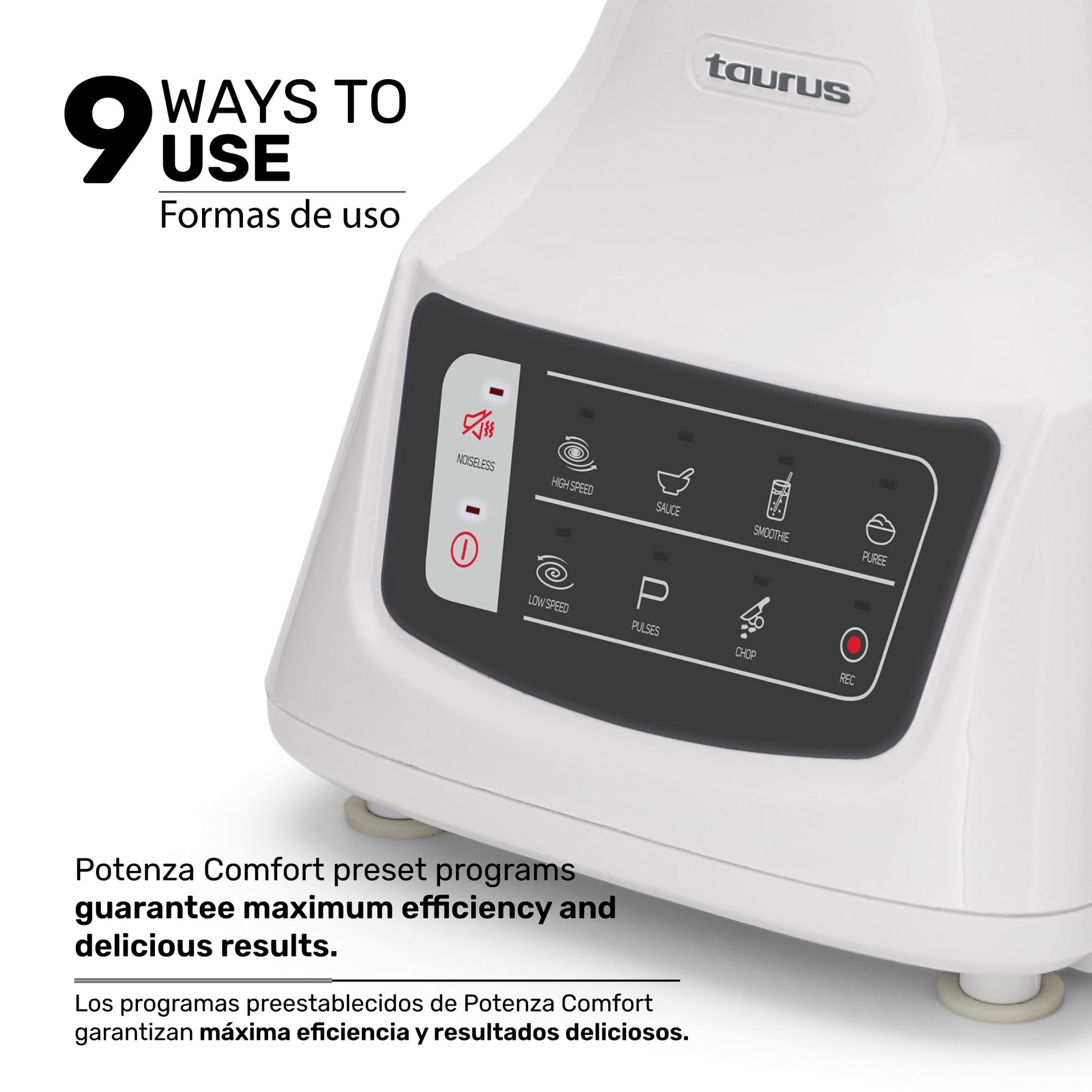 Licuadora Taurus Potenza Comfort Vidrio 1.5L 1050 Watts con 50% Menos Ruido y 9 Funciones