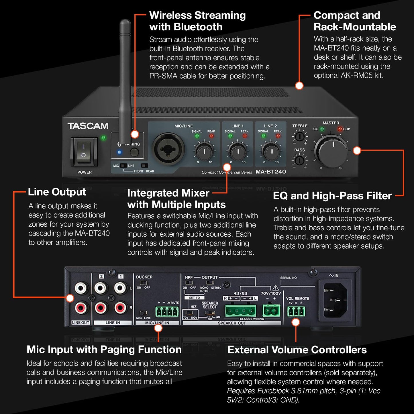 Amplificador de Mezcla TASCAM Bluetooth 240 W para Espacios Comerciales e Instituciones