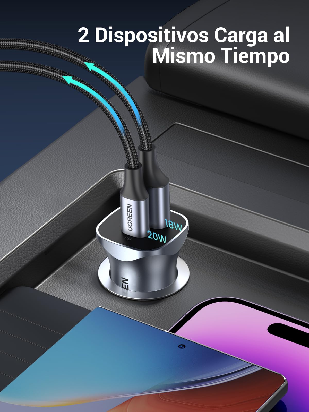 UGREEN Cargador Auto 24W, USB C Adaptador de Coche PD 20W y QC 18W, Quick Charge 3.0 con Enchufe Plegable, Compatible con iPhone 16/15/14/13/12, iPad, Galaxy S25/S24/S23/S22/Note 20, Pixel 9/8/7, LG