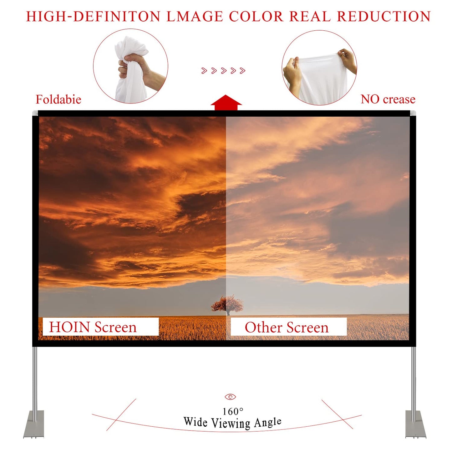 HOIN Proyector Visualización de 100 Pulgadas 16:9 HD 4K, Soporte de Plegado Rápido, 3D, Patas, Blanco Mate, Poliéster, Montaje en Suelo, Frente