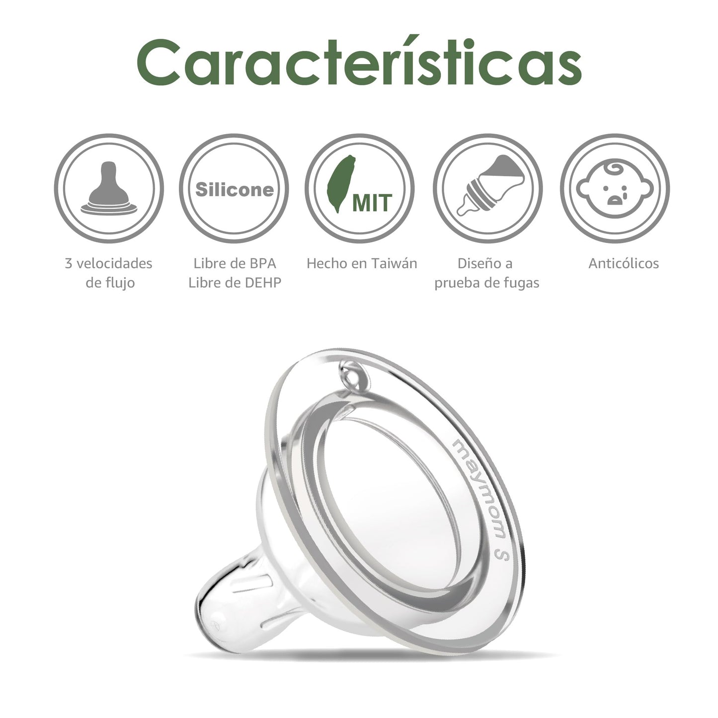Biberón de recolección para almacenamiento y alimentación de leche Maymom de boca ancha con tetina, tapa tipo cúpula, tapa superior y disco de sellado SureSeal; compatible con extractores Spectra/Motif Luna; 5 piezas (4.7 oz / 140 mL).