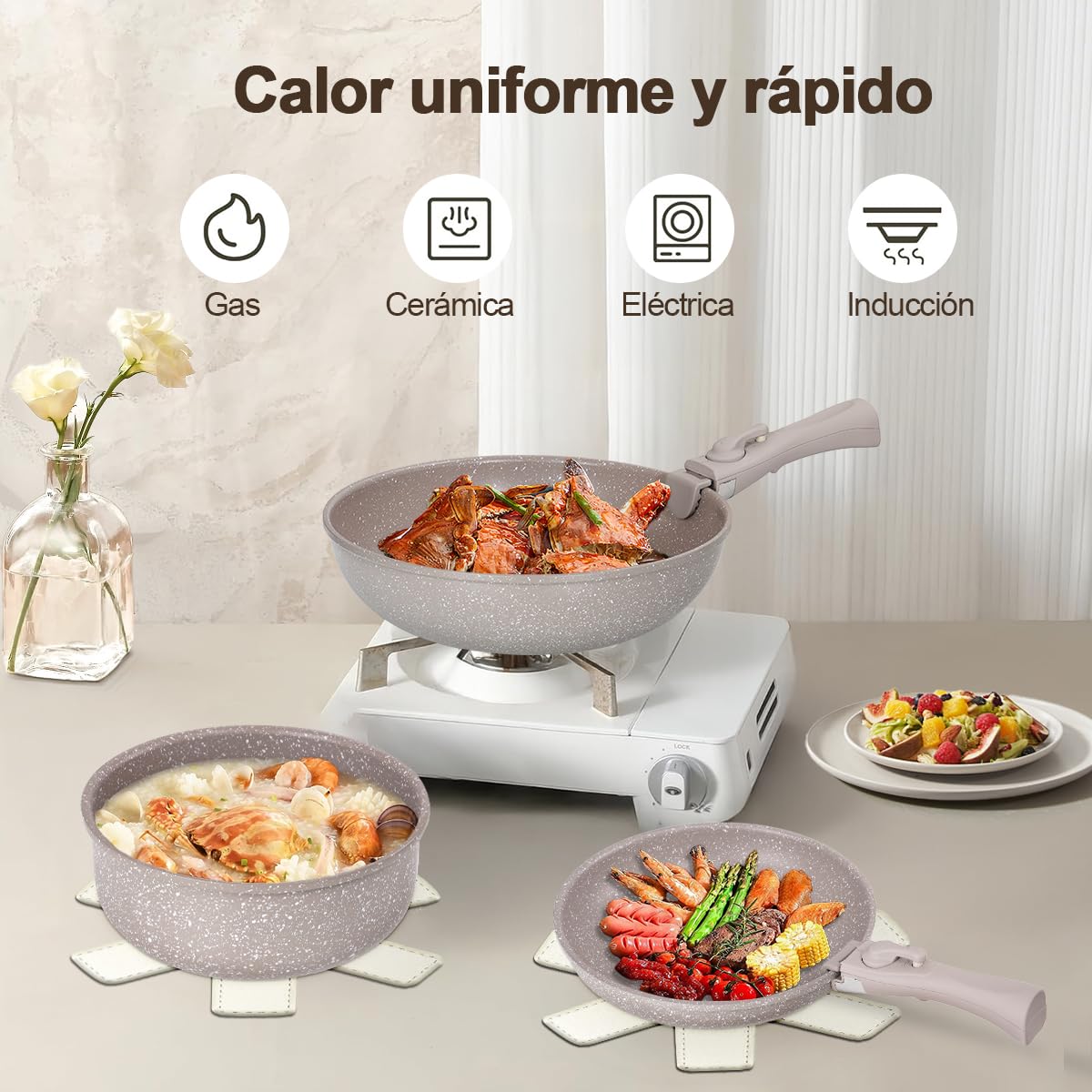 LOKOOY Juego de 16 Ollas y Sartenes con Mango Desmontables, Alta Antiadherente, Bateria de Cocina Con Tapas y Cojín, Sartén para Freír Apto para Lavaplatos, Cocina de Inducción y Horno