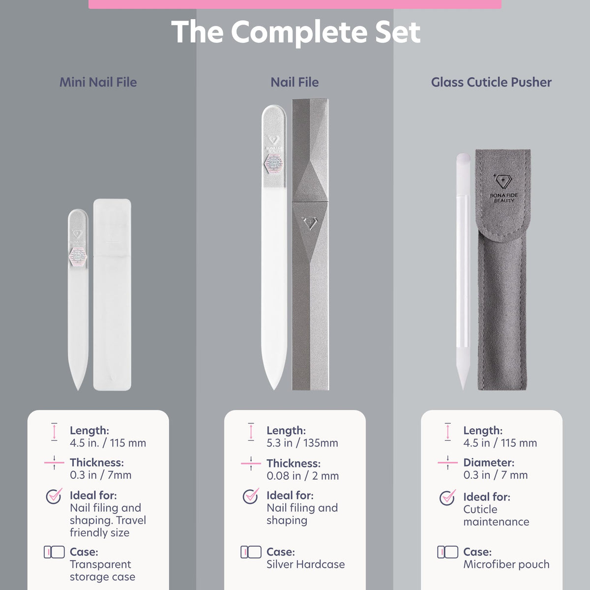 Juego de limas de uñas de cristal para cutículas, limas de uñas de manicura en estuche, limado de precisión, suave en uñas naturales y cutículas, vidrio checo de calidad prémium