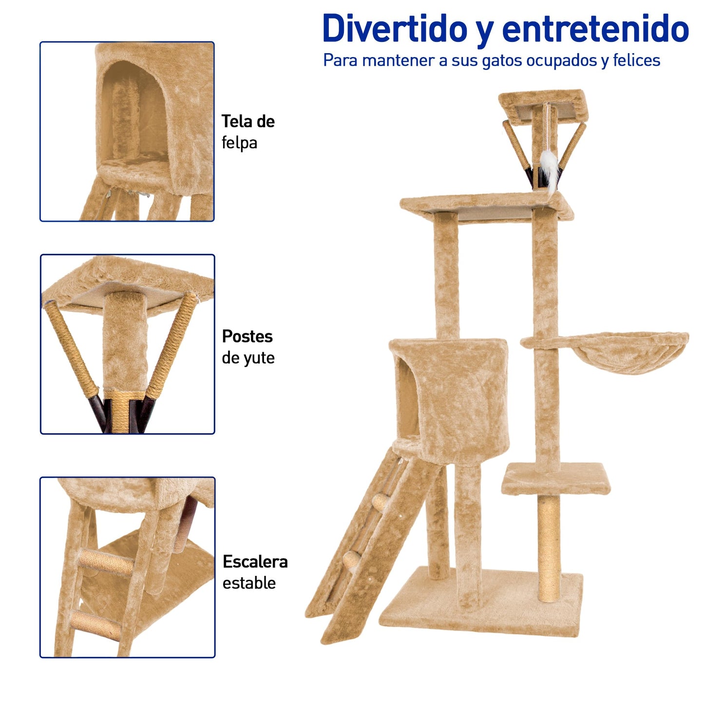 Bluelander Torre para Gatos de 1.3 M de Altura, Arbol para Gatos de Múltiples Niveles, Rascador para Gatos, Escaleras, Repisas, Cueva y Hamaca, Superficies Sólidas y Afelpadas, Cuerda de Yute (Café)