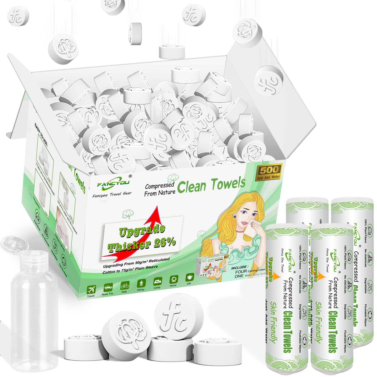 Fancyou Toalla Facial Desechable Comprimida Toallitas Desmaquillantes - Mini Paños Biodegradables Cara - Wipes Quitar Maquillaje Kit Viaje para Travel Essentials,Belleza Salón(500 Unidad Verde)