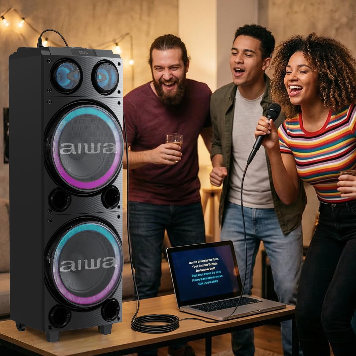 Sistema de Audio Bluetooth Aiwa AWPOC14 Negro con 100W RMS, Doble Bocina de 10 Pulgadas y Luces LED Integradas