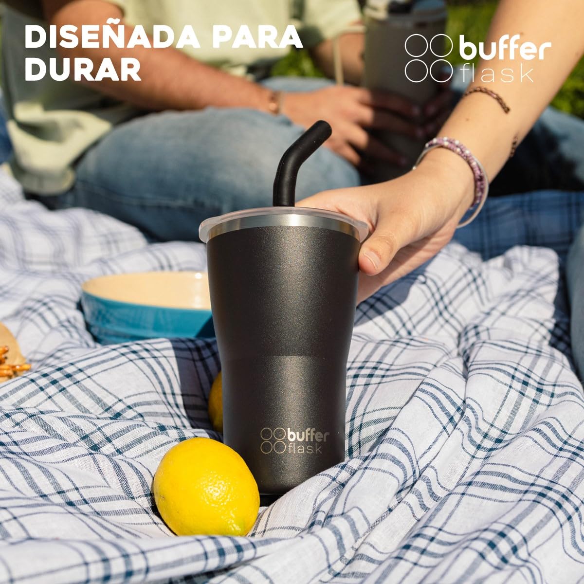 Buffer Flask - Vaso Térmico 420 ml - Termo para Café y Agua de Acero Inoxidable - Tapa Anti Derrame y Fugas - Taza Tumbler Mug para Bebidas Frías y Calientes - Incluye Popote - Color Negro