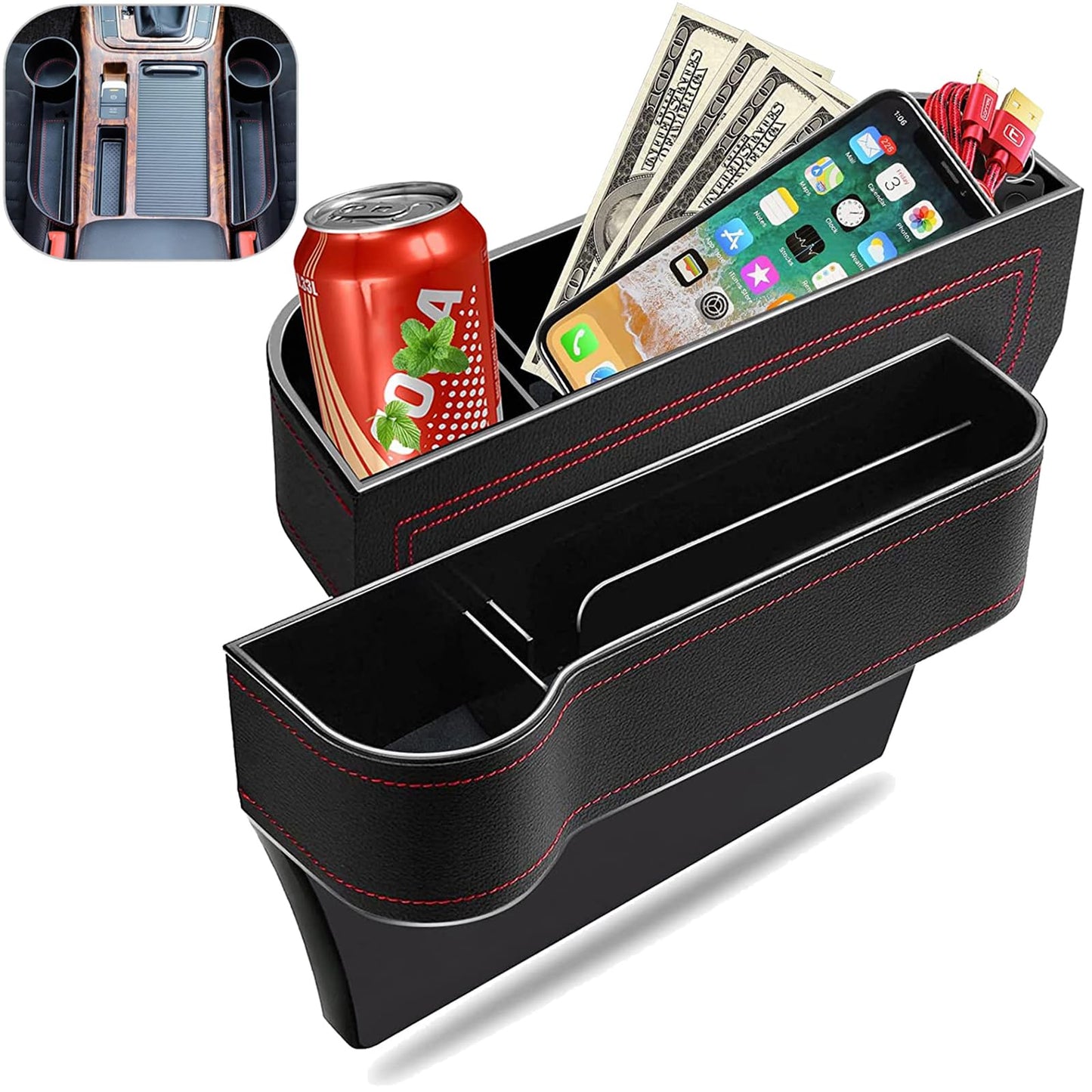 Organizador De Relleno De Espacio Para Asiento De Coche, 2PCS Universal De Piel De Espacio Para Asiento De Coche Caja Con Soporte Para Taza Para TeléFonos Celulares Llaves Tarjetas Carteras