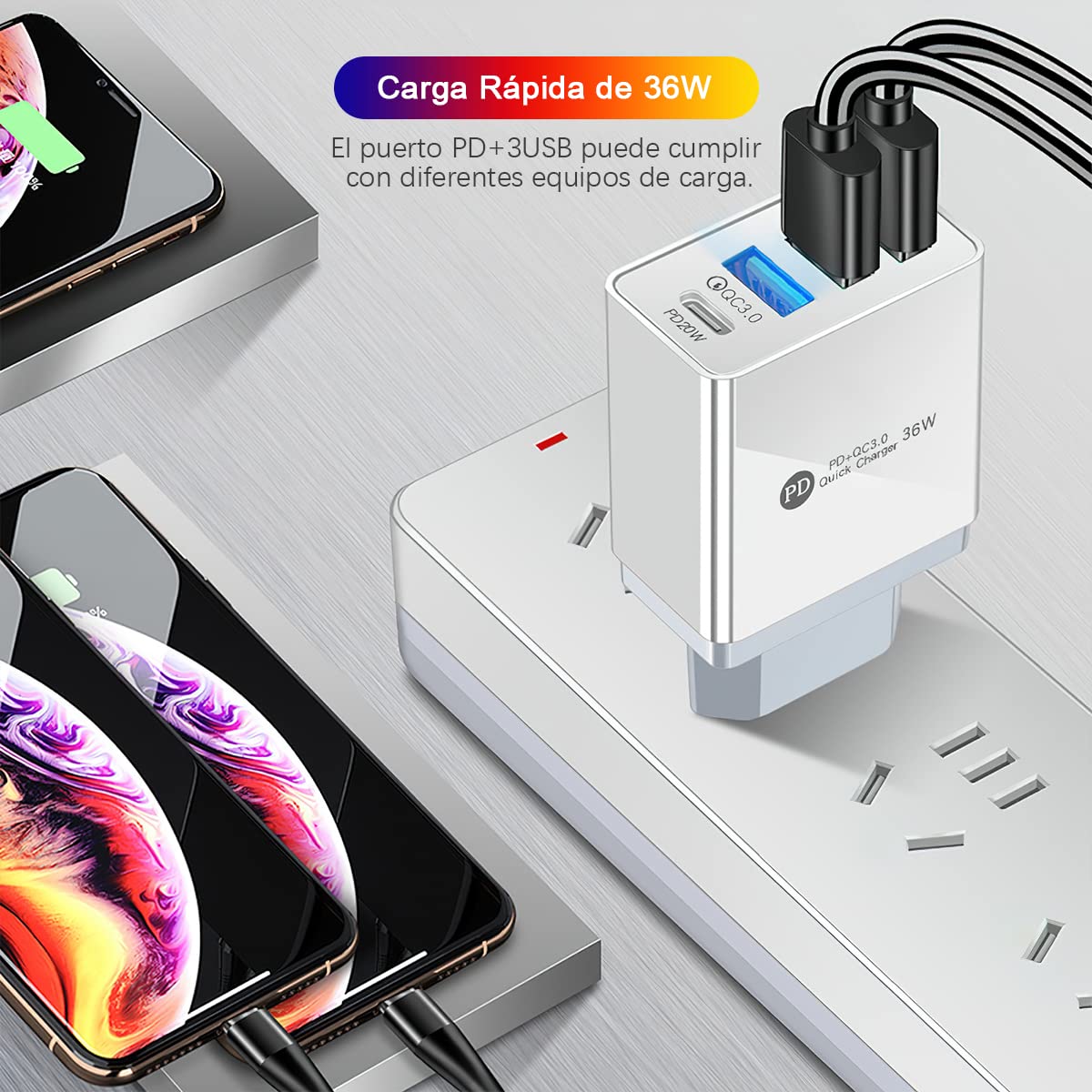 HONGHCL Cargador de Carga Rápida 36W 4 en 1, Cargador USB C y 3 USB A 3.0, Cargador Portátil con 4 Puerto Cargadores, Cargador Rapido Viaje con QC 3.0, PD20W, Compatible para Celular, Laptop y más