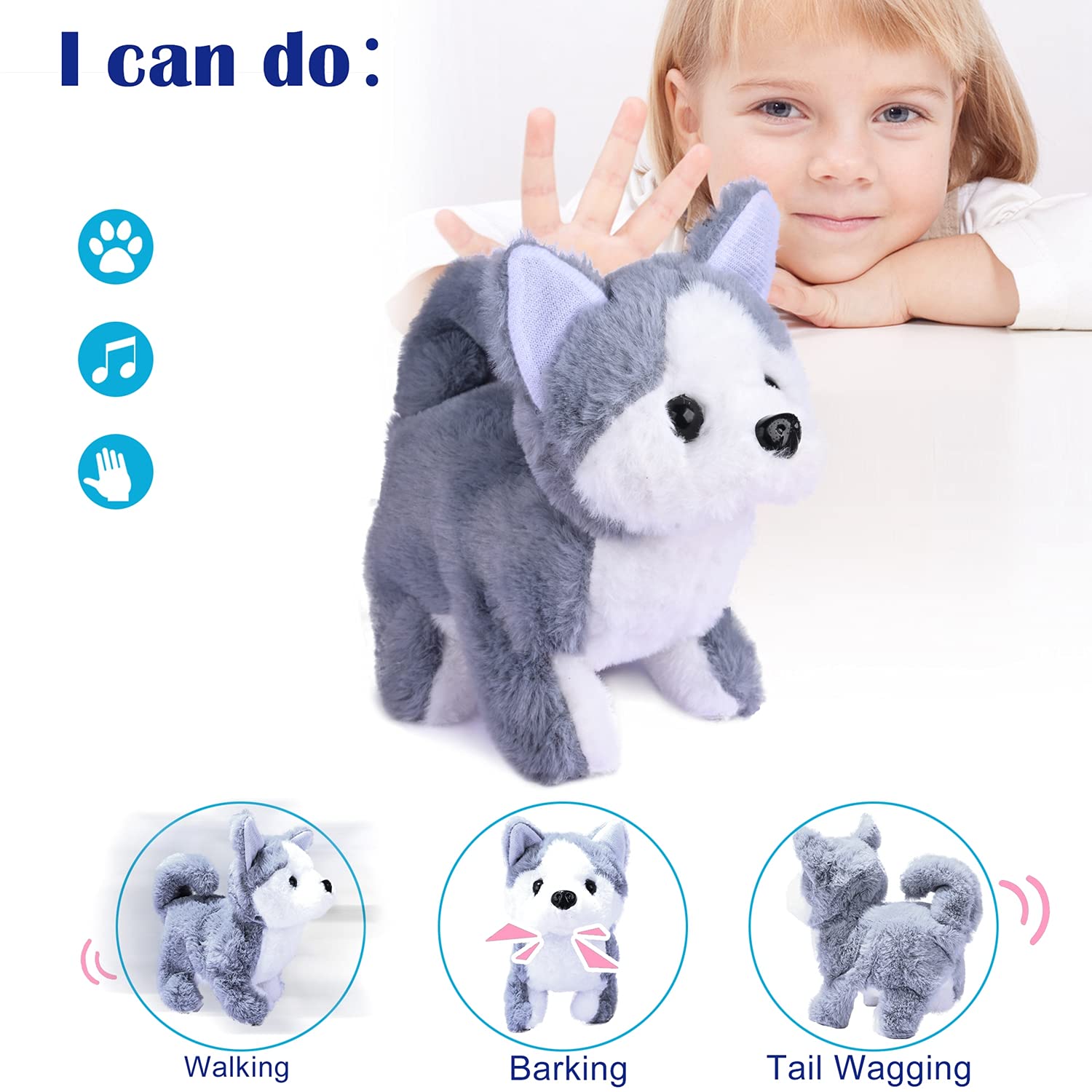 Juguete de Peluche Electrónico Interactivo WorWoder Husky para Cachorros para Caminar, Ladrar y Mover la Cola para Niños