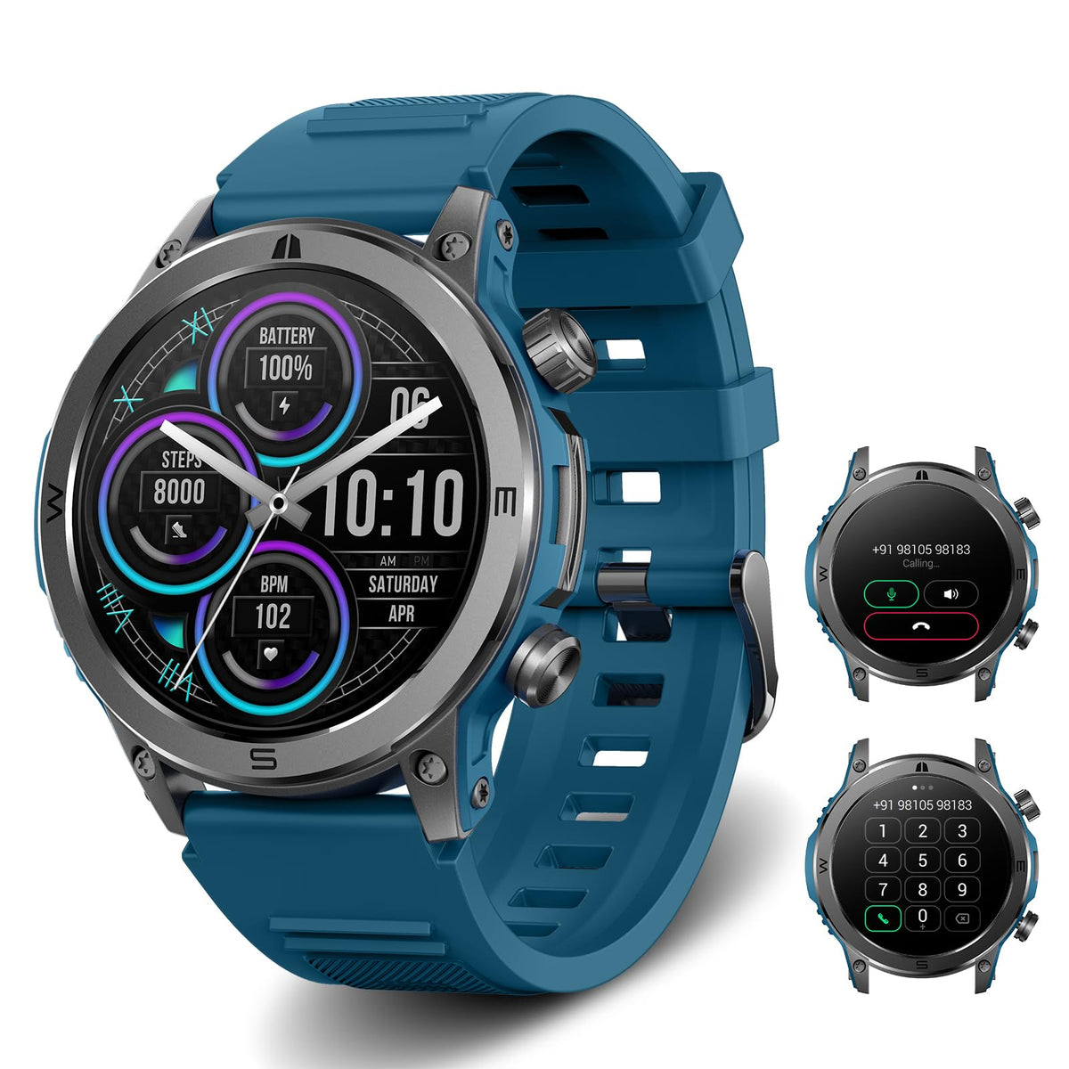 Smartwatch FreshFun AMOLED 1.43 Pulgadas Bluetooth Hombre Azul Impermeable IP67 Monitor Cardíaco y Sueño 100+ Modos Deportivos