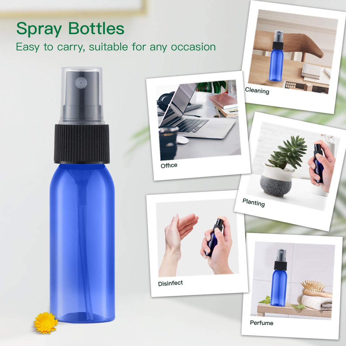 Paquete de 12 botellas de spray de plástico, 30 ml, pulverizadores vacíos y finos, atomizador de perfume de viaje para soluciones de limpieza (botellas de espray, negro + transparente), azul+transpa