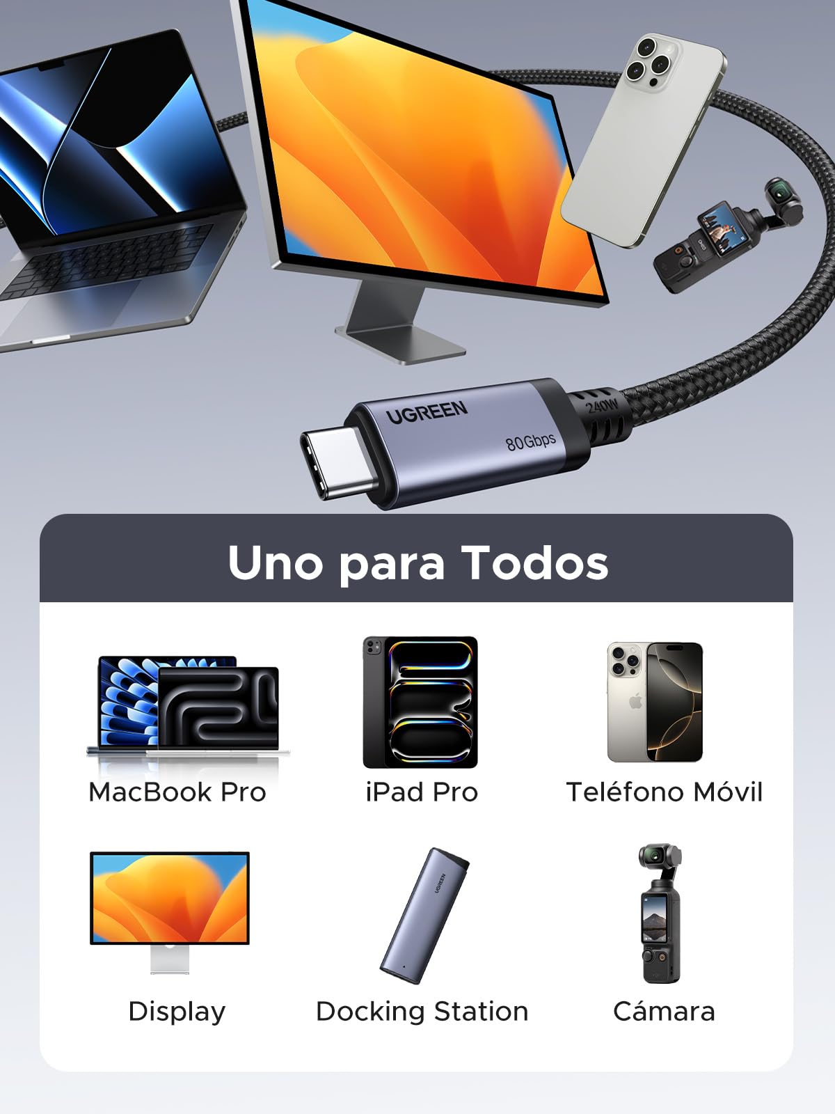 Cable USB C de Carga Rápida UGREEN 240W Gris 80 Gbps 16K 60Hz PD 3.1 Compatible Monitor Hub Dock 1M