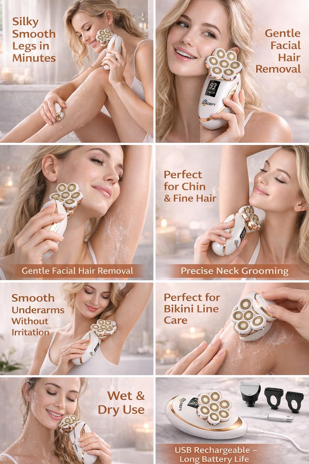 ALADEPT Afeitadora eléctrica 7D para mujer – 5 en 1, recargable, para uso en seco y húmedo. Afeitadora eléctrica, recortadora de bikini y depiladora facial para piernas, brazos, rostro y axilas.