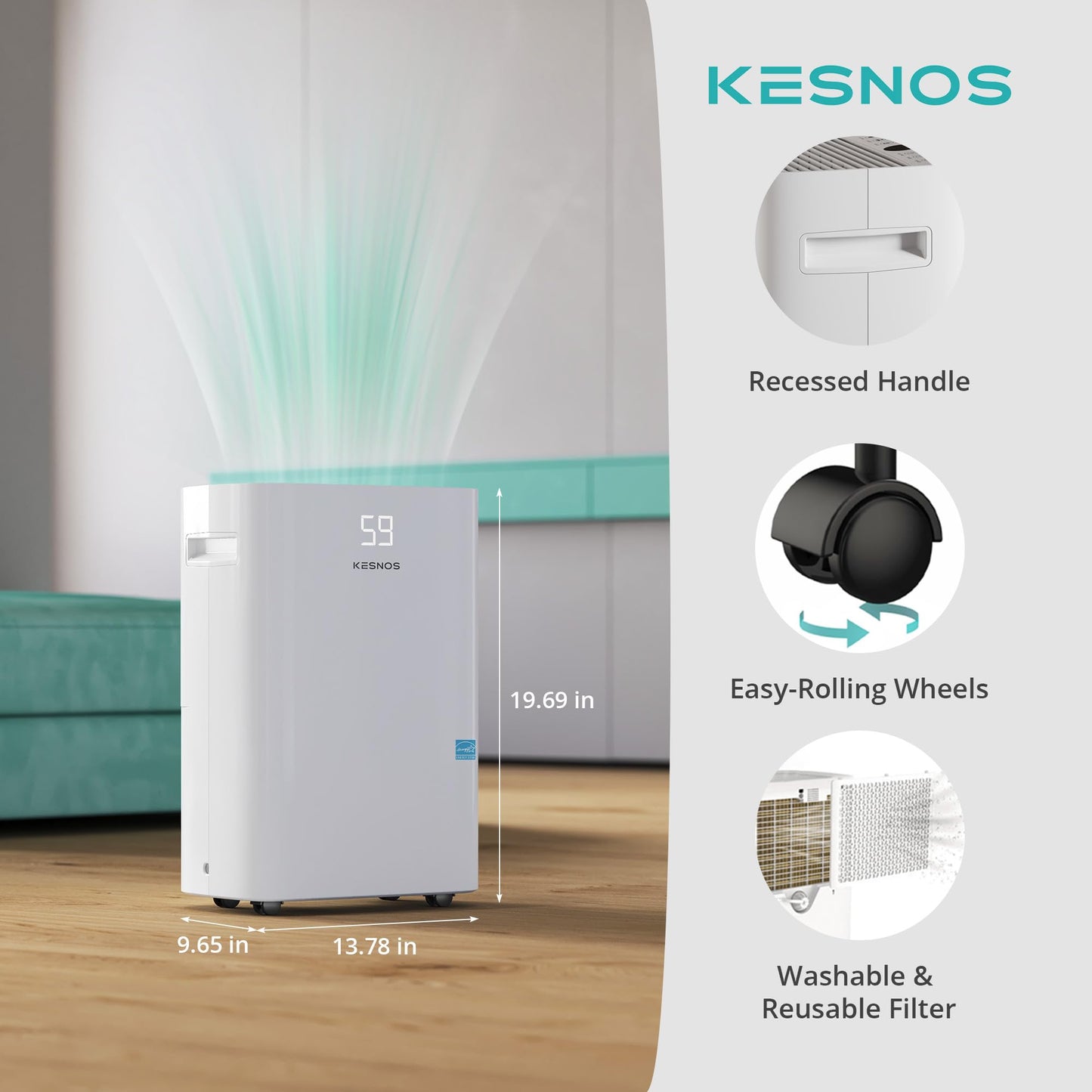 Kesnos 5500 Sq. Ft Deshumidificador grande para el hogar con manguera de drenaje para sótanos, dormitorios, baños, lavaderos, con panel de control inteligente, visualización frontal, temporizador de
