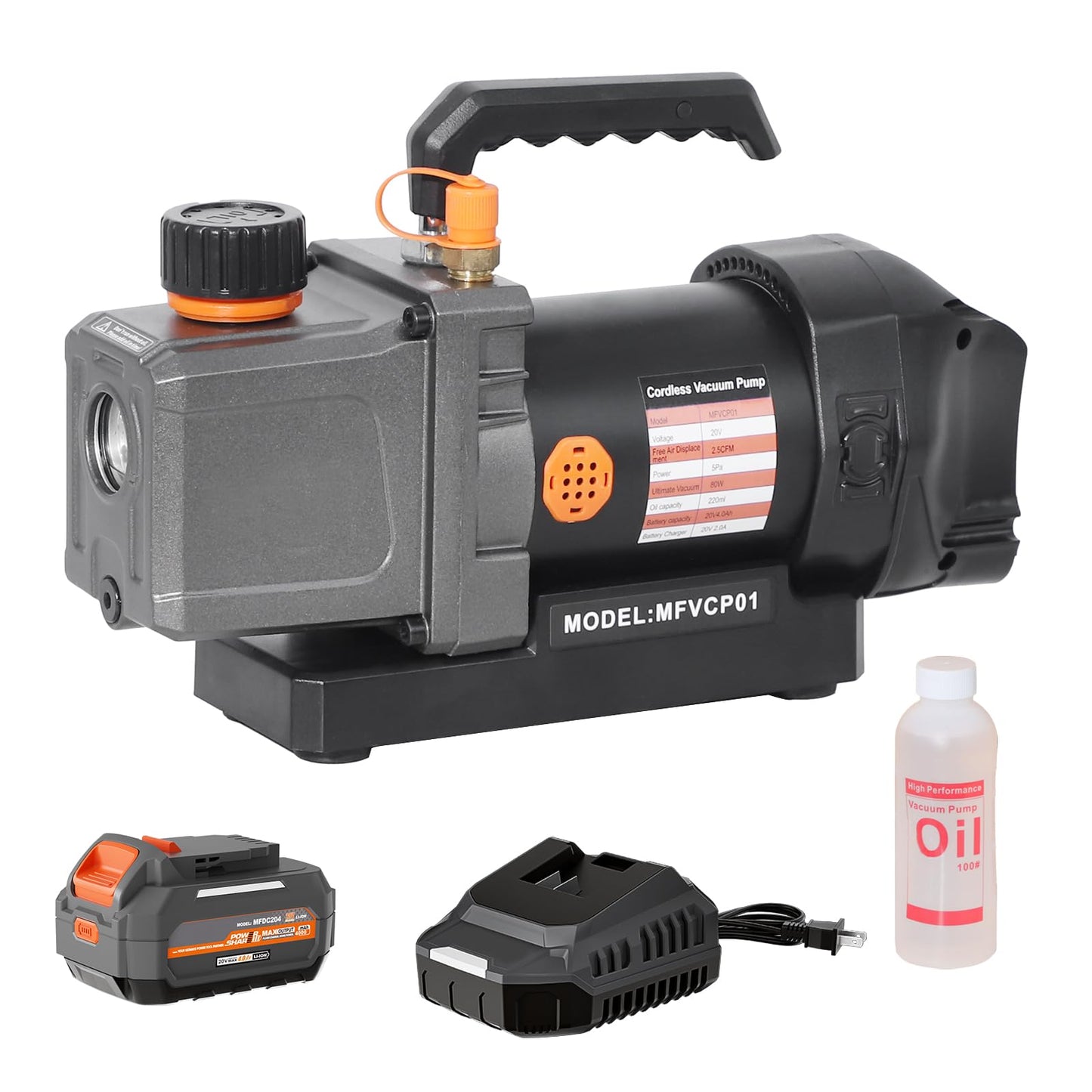 Kit de bomba de aspiradora inalámbrica de 2.5 CFM compatible con batería Dewalt de 20 V máximo, 80 W de una sola etapa, alimentado por batería, con batería de 4.0 Ah, botella de aceite de 220 ml