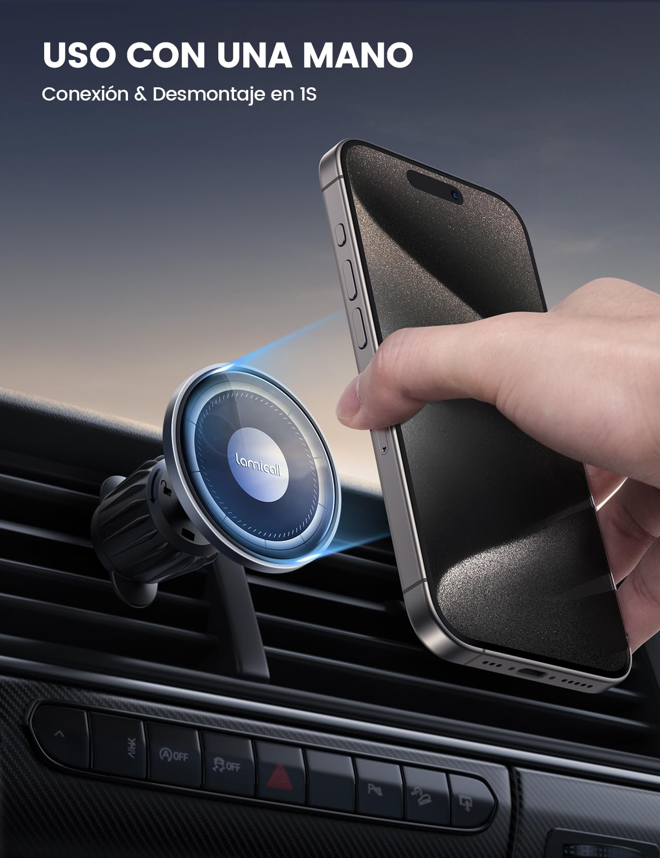 Lamicall Soporte Celular Auto para Magsafe- [Diseño Único de Panel de Cristal HD] Magnetic Porta Celular para Auto, Base para Celular Corro para iPhone 16 15 14 13 12 Pro MAX Mini, All Celular