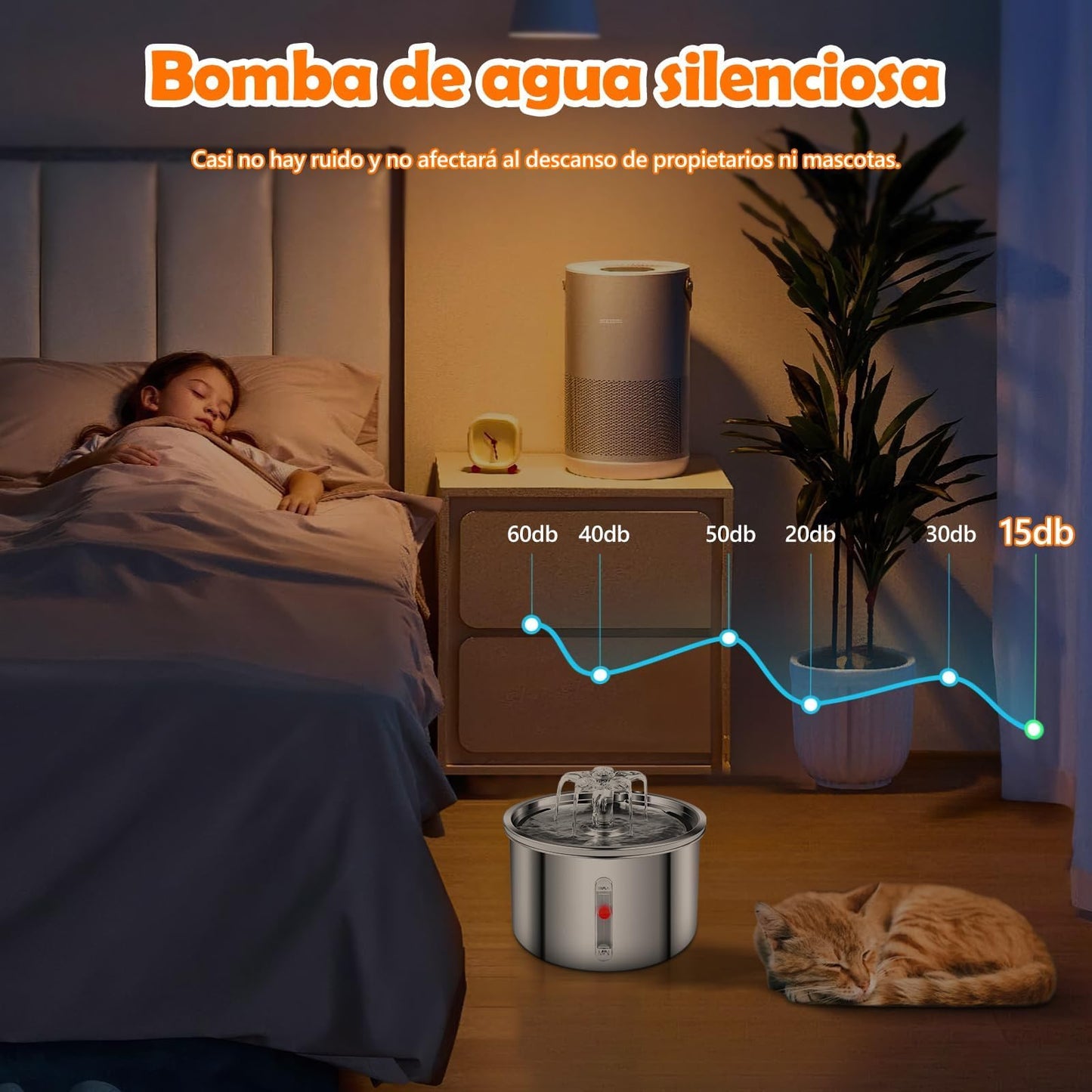 Fuente de agua para gato, Bebedero para gato de acero inoxidable 304, 5 filtros para fuente de gatos, bebedero para perro y gato para de 2L,Súper silenciosa,Mantén limpia el agua potable de tu mascota