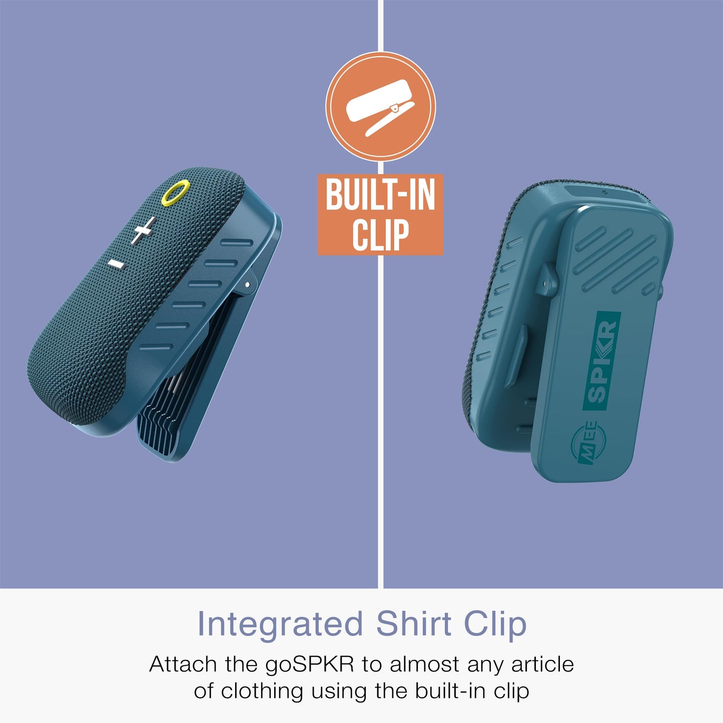 MEE Audio GoSPKR - Altavoz Bluetooth pequeño con Clip portátil con Resistencia al Agua IPX5, Altavoz Integrado con micrófono para Llamadas Manos Libres, diseño Compacto, Puede conectar estéreo de