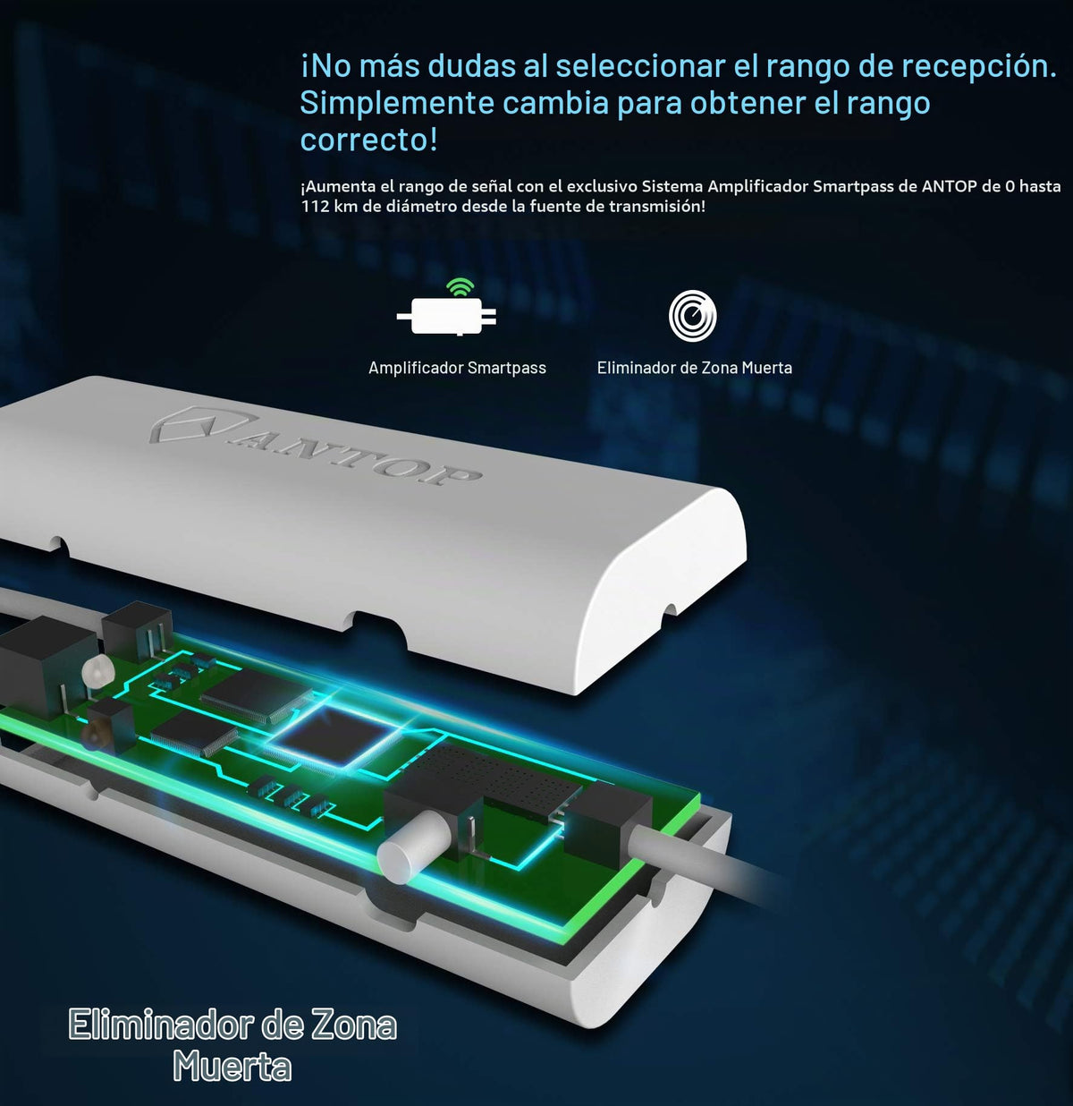 Antena HDTV ANTOP UFO 720° Blanco con Amplificador Smartpass y Filtro 4G LTE para Exteriores