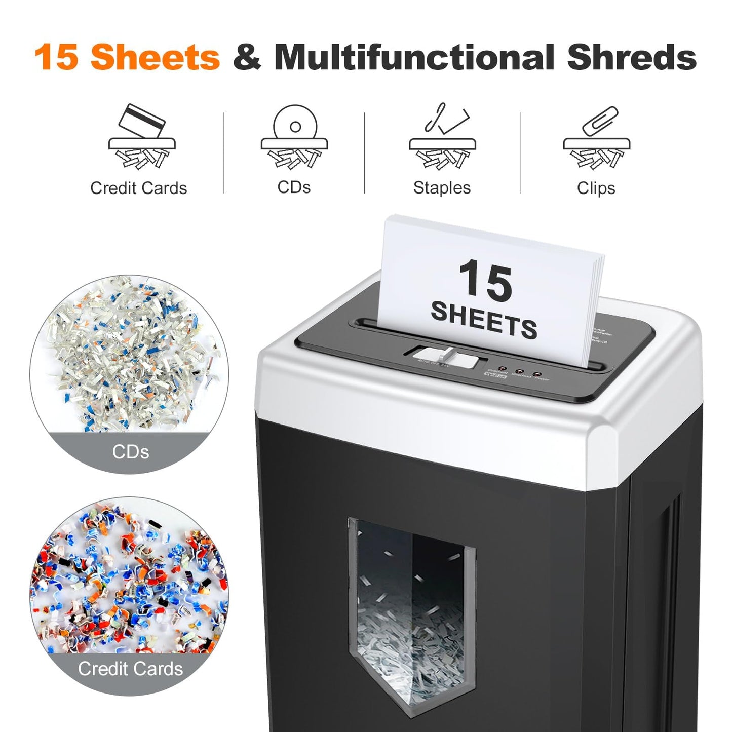 Bonsaii - Trituradora de papel de oficina de 15 hojas, trituradora de 40 minutos para oficina en casa, trituradora de corte transversal con sistema antiatasco y P-4 de alta seguridad, compatible con