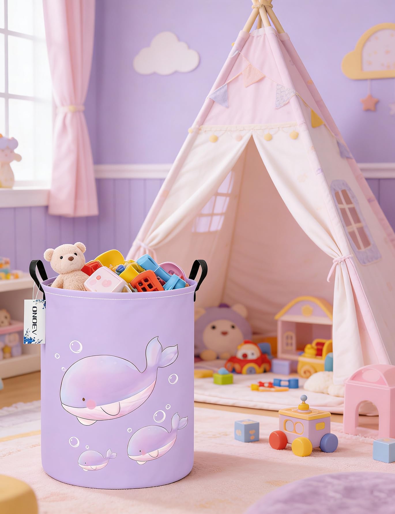 ONOEV Cesta de Almacenamiento Redonda y Plegable para niñas, Cesta de Ropa Sucia para niños, Cesta de Regalo Morada, Ideal para decoración del hogar y Almacenamiento de Juguetes (Ballena Morada)
