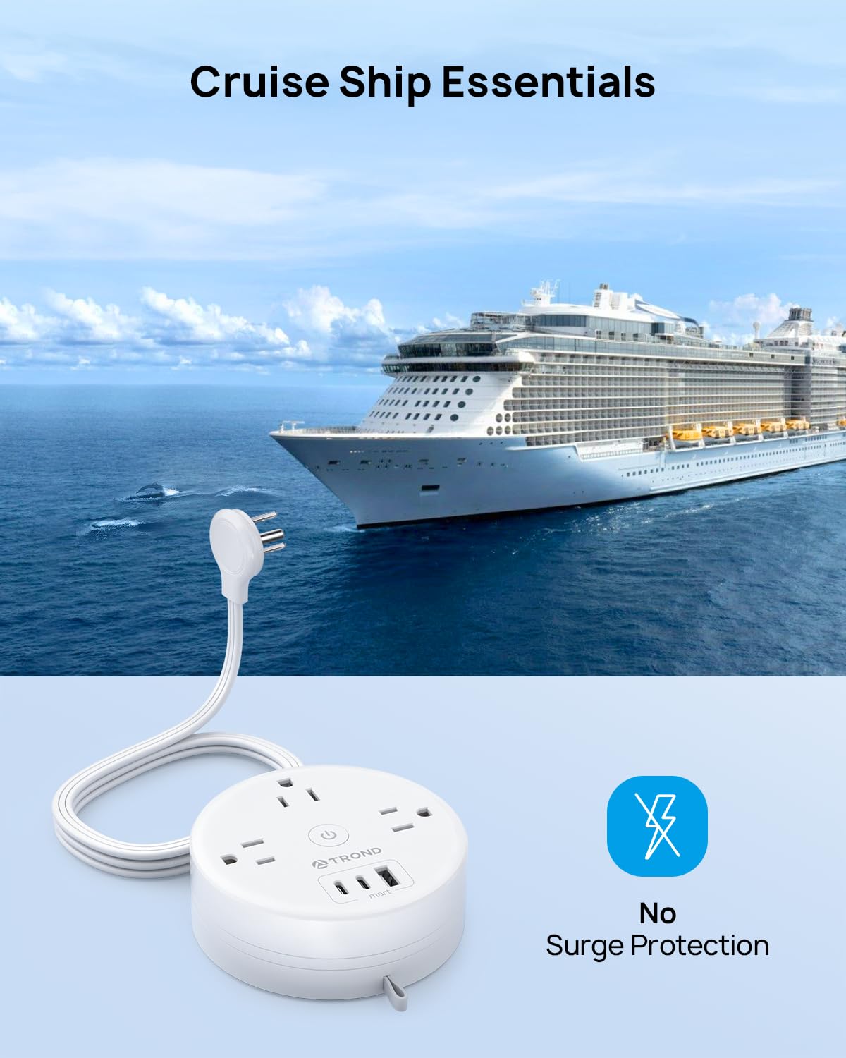 TROND Regleta de Viaje retráctil, Enchufe Plano Ultrafino retráctil, Cable de extensión semirretráctil de 3 m, regleta con 3 Tomas de CA 3 USB (2 USB C), Elementos Esenciales para cruceros