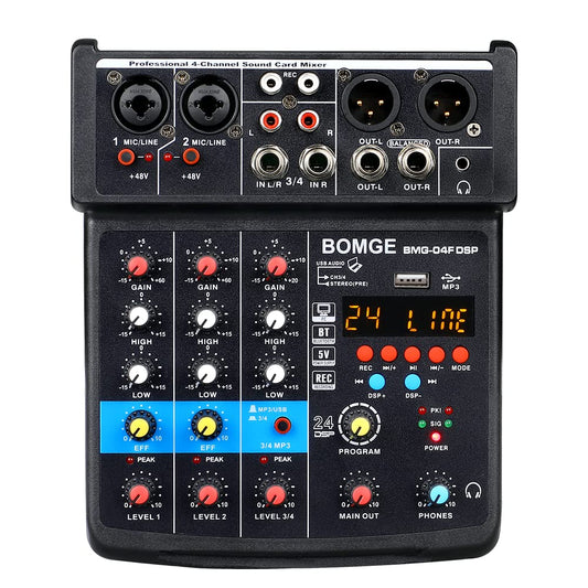 BOMGE - Mini mezclador de sonido para DJ de 4 canales con MP3, USB, Bluetooth, grabación estéreo, alimentación fantasma de 48 V, 24 DSP para karaoke, actuación, canto de iglesia, transmisión de podcas
