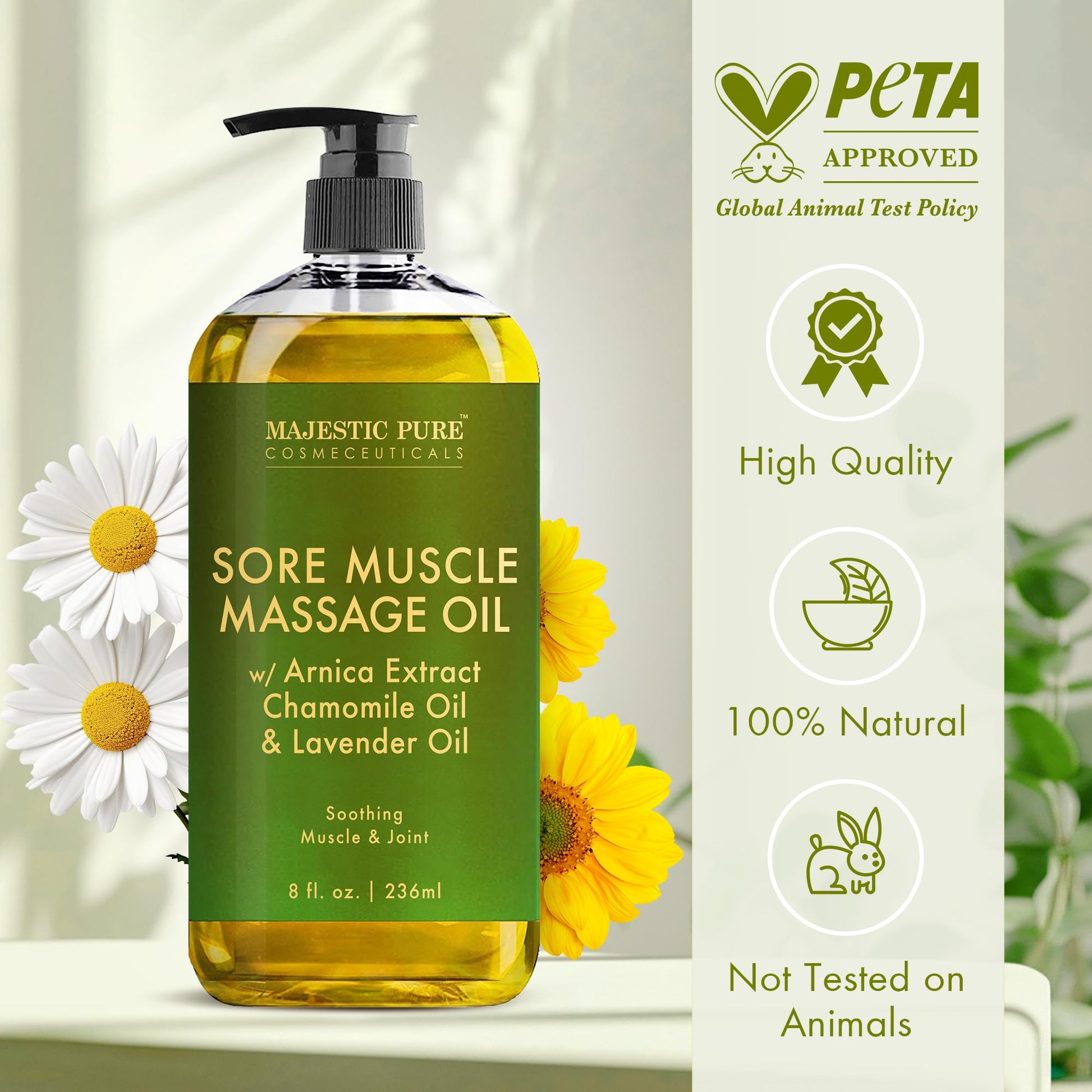 MAJESTIC PURE Aceite de masaje muscular de árnica para el cuerpo, el mejor aceite de terapia natural con aceites esenciales de lavanda y manzanilla, calentamiento, relajación, masajea las articulaciones y los músculos, 8 onzas, juego de 2
