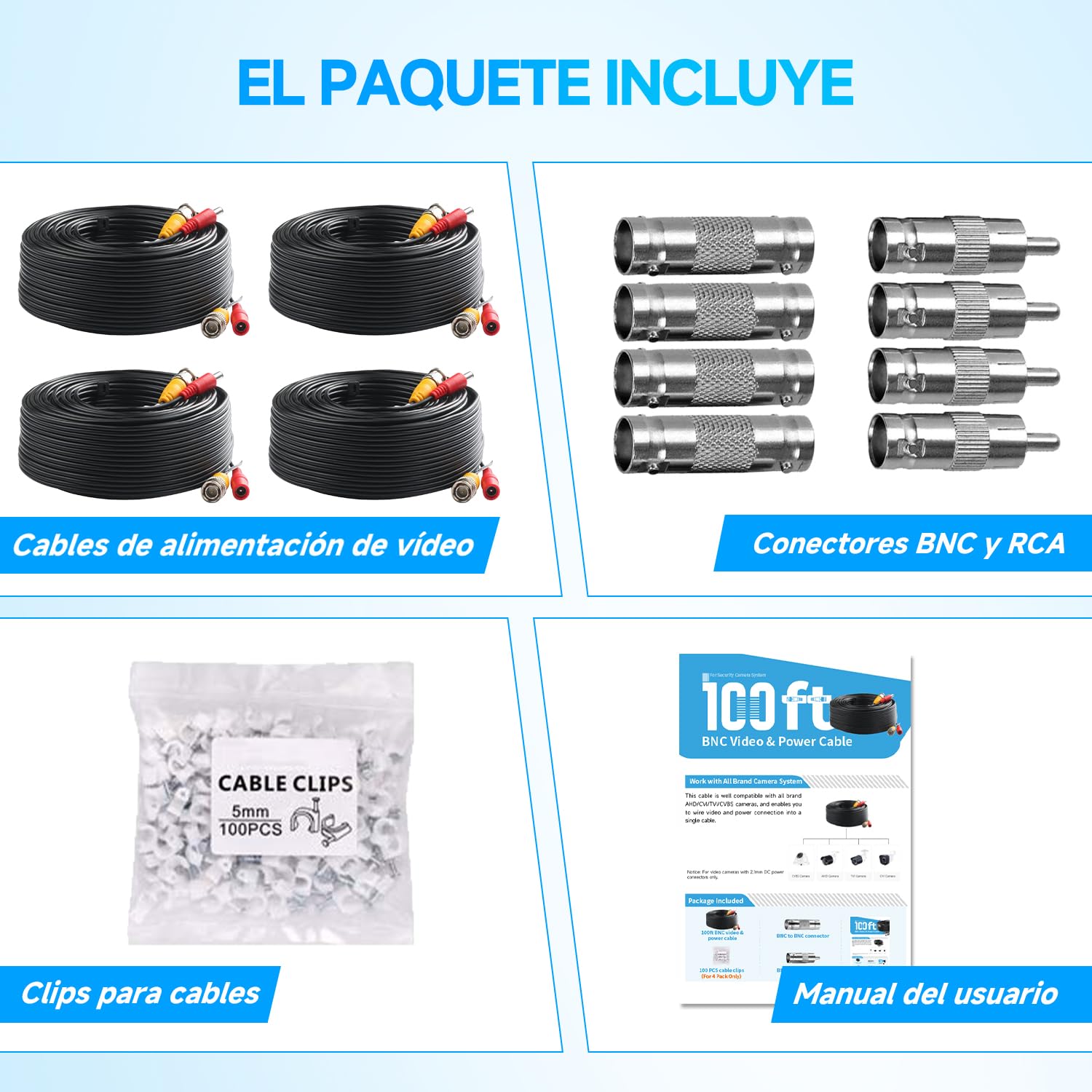 Paquete de 4 cables de alimentación de video BNC de 30 m / 100 pies todo en uno, cables de extensión para cámara de vigilancia BNC para sistemas de cámara CCTV DVR (8 conectores BNC, 100 clips de