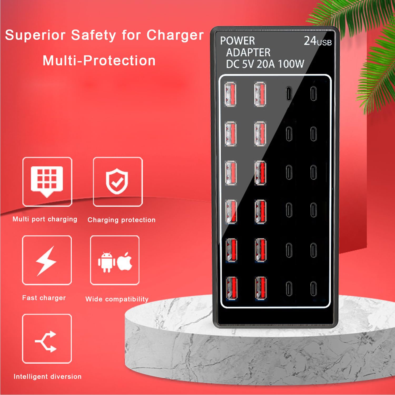 Cargador USB, bloque de cargador USB C, 100 W (20 A), 24 puertos, múltiples USB, cargador de pared, 12 USB A 12 USB C compatible con Apple iPhone, iPad, Samsung Galaxy, portátil, Pixel, teléfonos