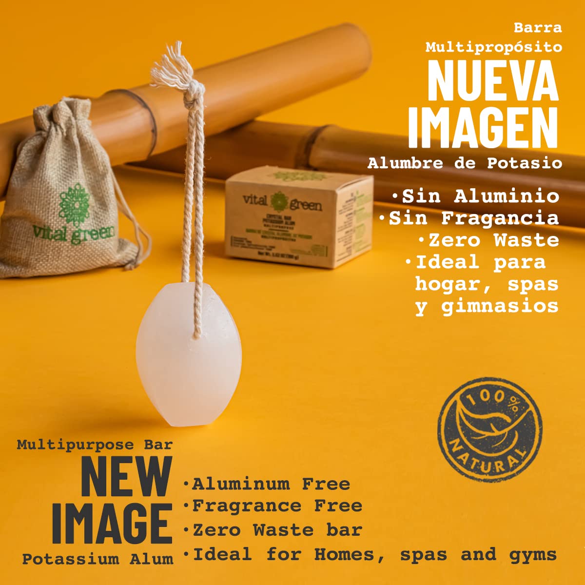 Vital Green Barra de Cristal de Alumbre de Potasio Multiusos, Desodorante Natural Tailandés, Elimina Olor, Sin Fragancia, Sin Plástico, Para Toda la Familia, 100g - 3.53 oz (3 unds)