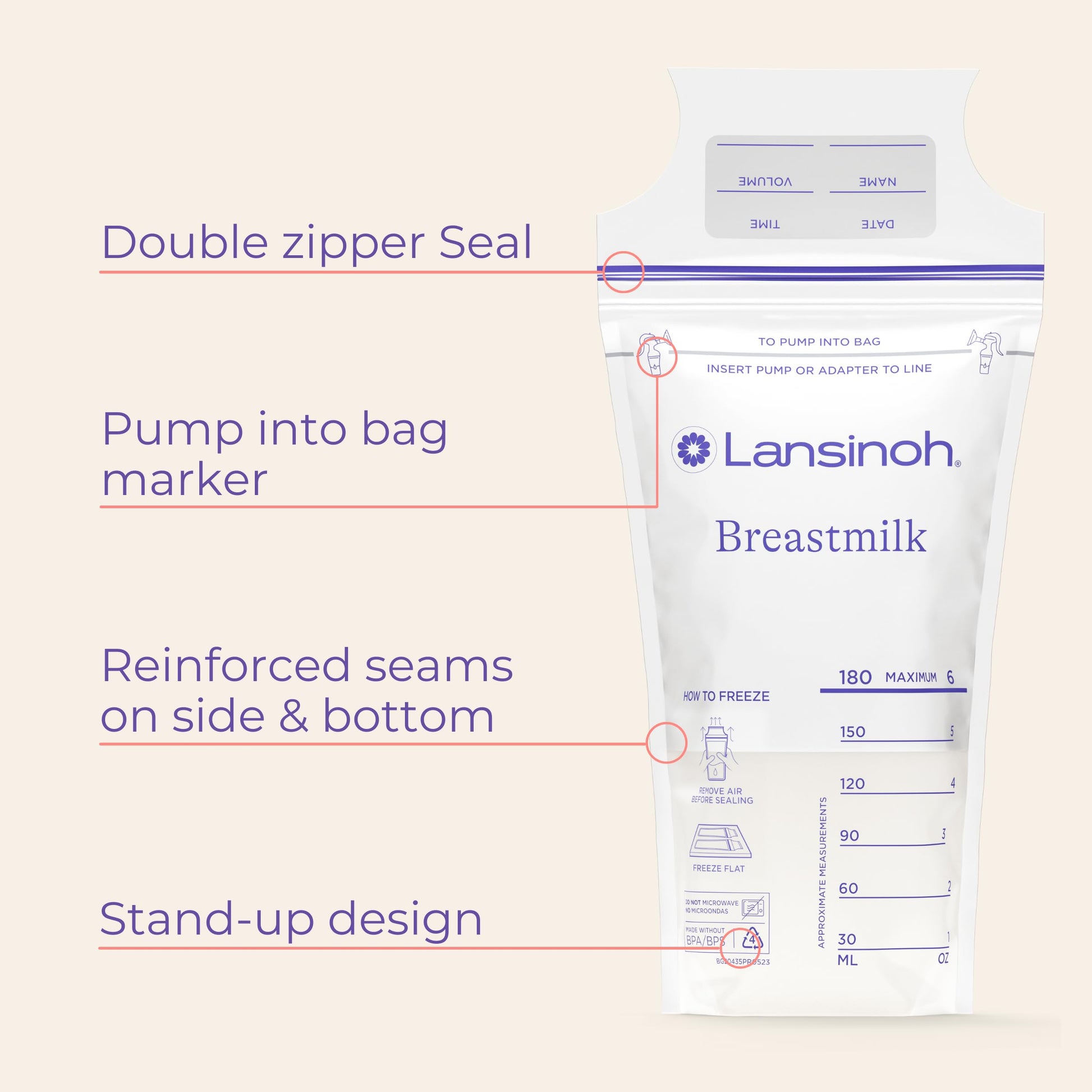 Lansinoh Breastmilk Storage Bags With Convenient Pour Spout and Patented Double Zipper Seal, Ideal for Storing and Freezing Breastmilk, 3 Packs of 25 Count (75 Count), BPA and BPS Free