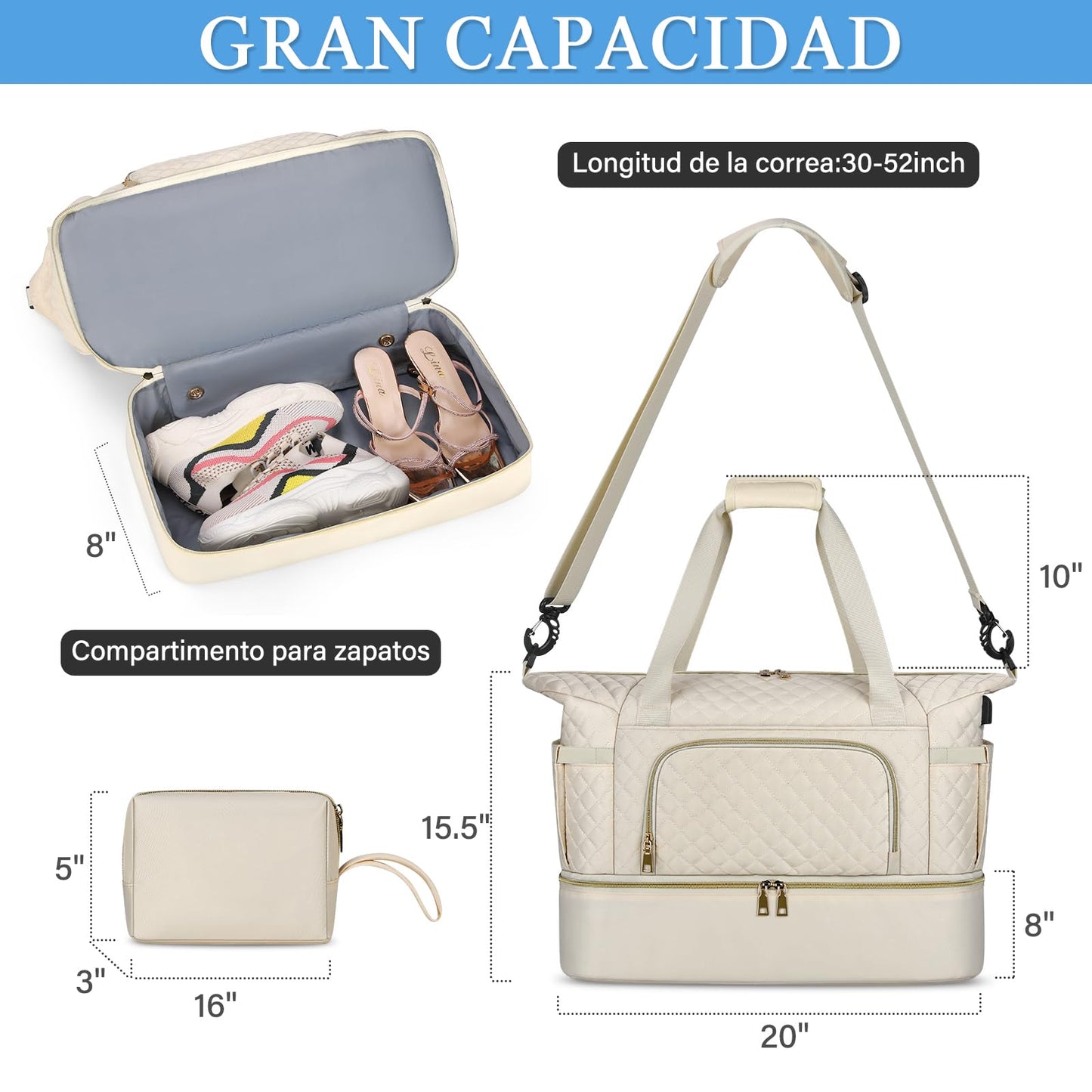 Bolsa de Viaje SDYSM Beige con Puerto USB y Compartimento para Zapatos para Hombre y Mujer
