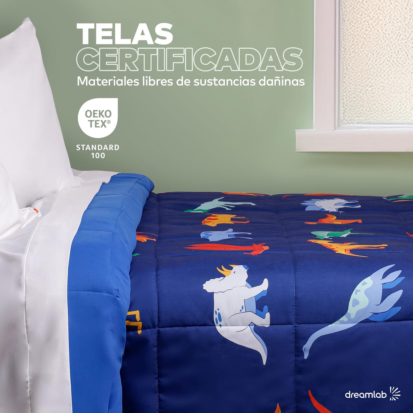Dreamlab Edredón Ligero Infantil Reversible Hipoalergénico. Colcha Rellena de Microfibra Suave. Diseño para niño, niña o bebé. 1 Pieza. Dinosaurio, Azul (Individual/Matrimonial 195 x 223cm)