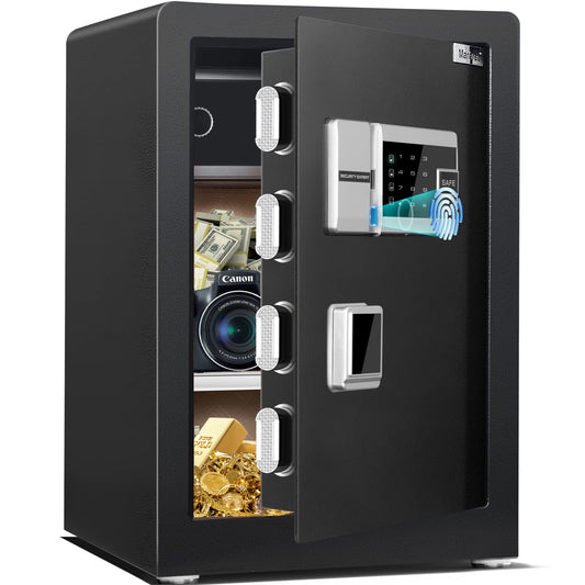 Caja de seguridad biométrica para huellas dactilares, 2.6 Cub, caja de seguridad con aviso de voz y gabinete interior privado, caja fuerte para el hogar con teclado de visualización táctil, doble
