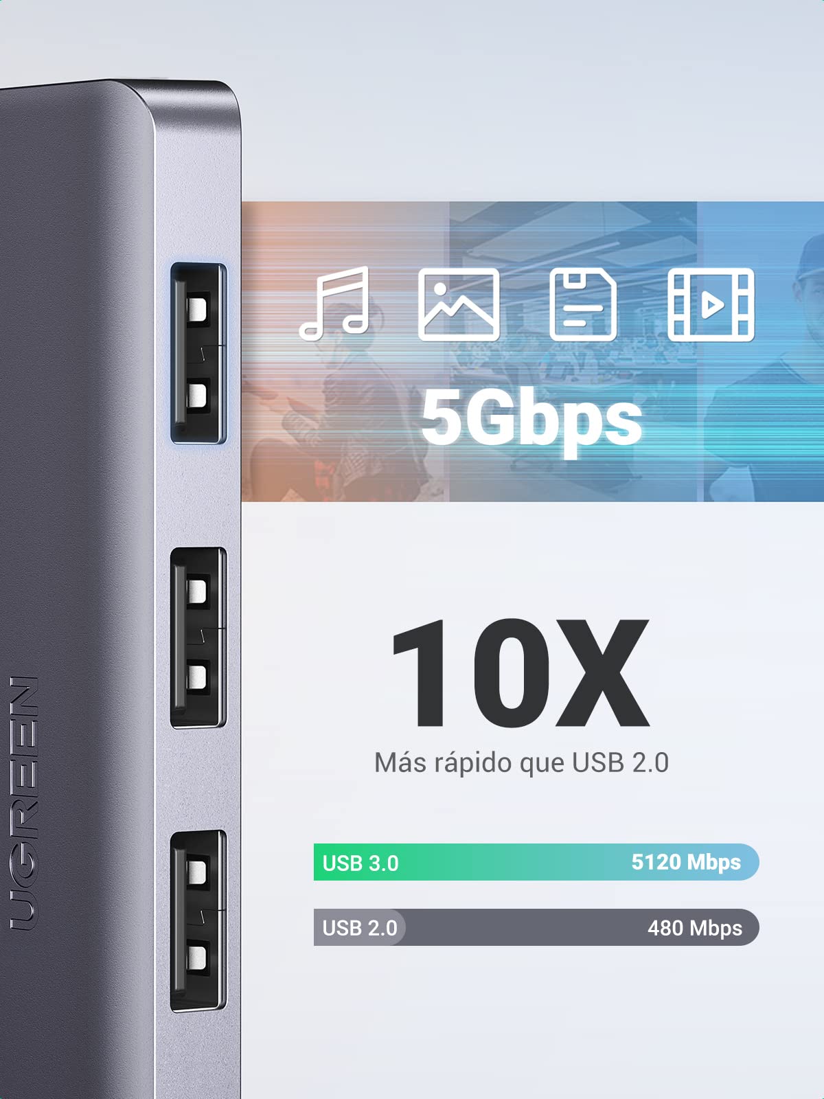 Hub USB 3.0 UGREEN Negro con 4 Puertos SuperSpeed para Macbook, PC y Consolas