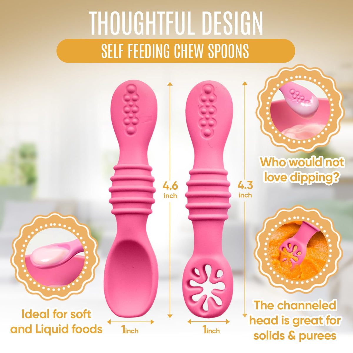 HippoBaby - Cucharas de silicona para bebé, 4 piezas, utensilios autoalimentables para bebé, 6-12 meses, 3 cucharas para bebé, 1 tenedor para bebé, juego de cubiertos para niños pequeños, sin BPA