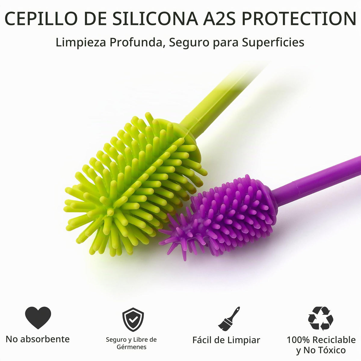A-Brush - cepillo para polvo limpiador de botellas de silicona, juego de 2 piezas, flexible, mango largo, limpiador de botellas de agua, cepillo para polvo para pezones de biberón para plástico y