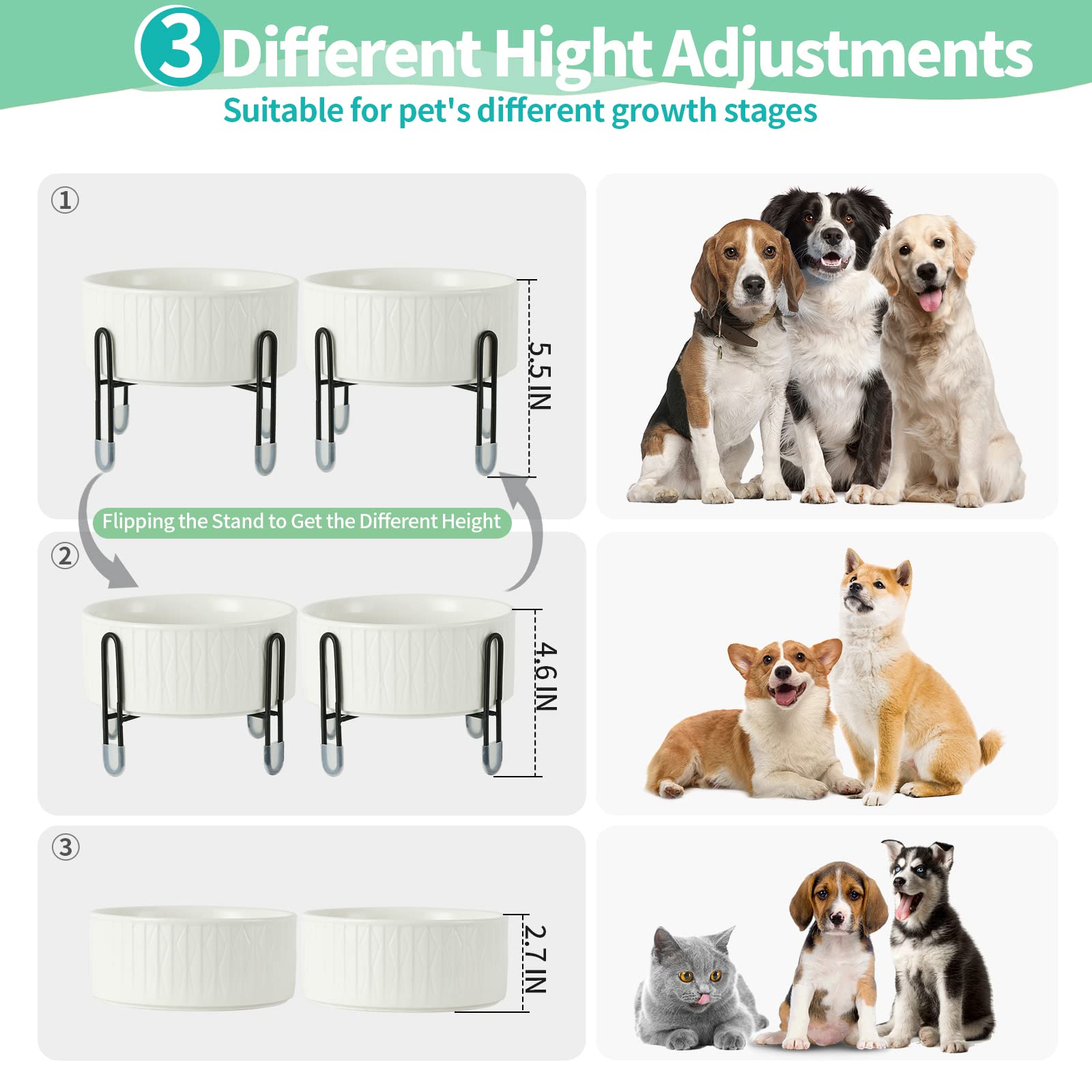 Cuencos de cerámica para perros y gatos de 32 onzas con soporte de metal elevado, tazón redondo de cerámica de 6.5 pulgadas para alimentos y alimentos para mascotas y perros, blanco, juego de 2
