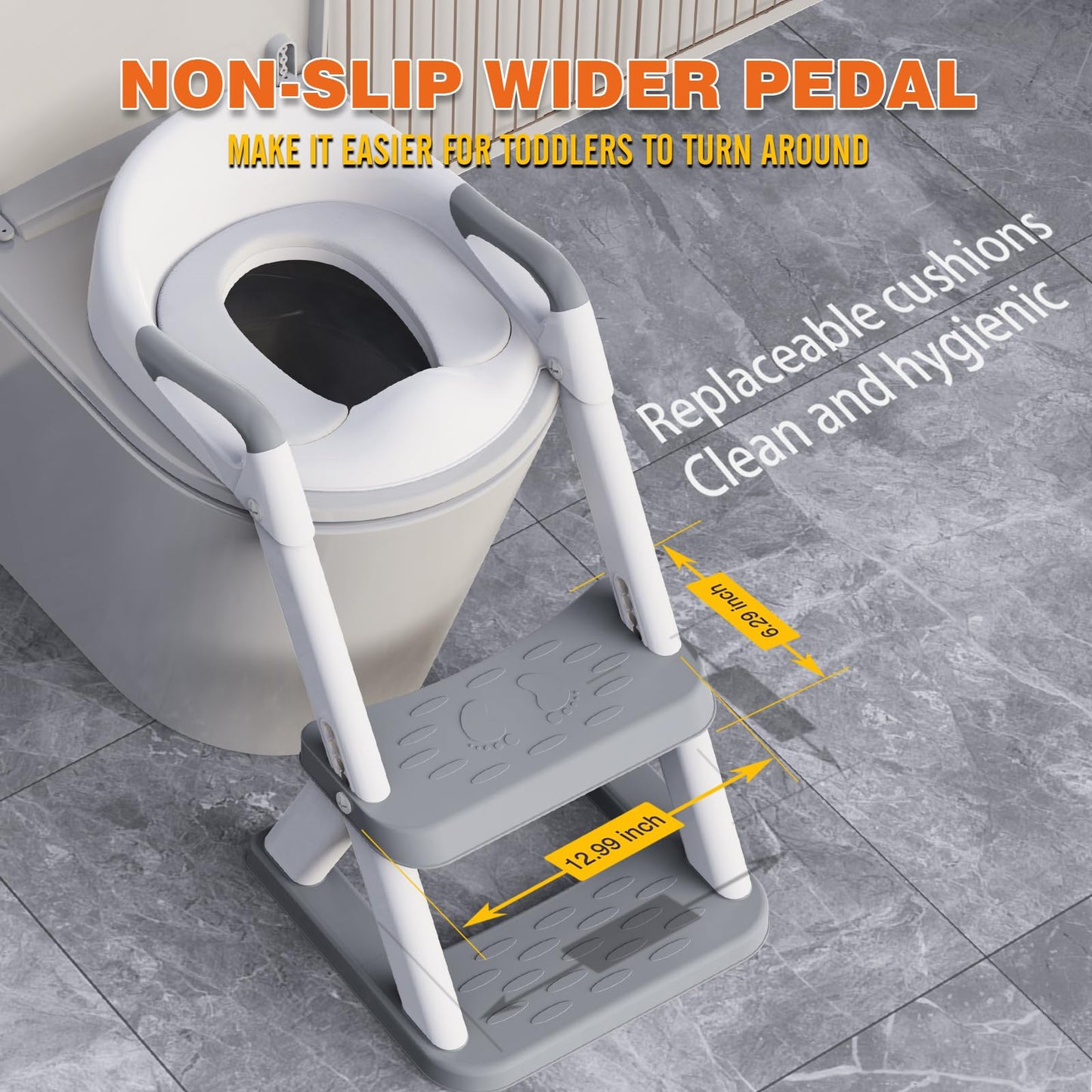 SKYROKU 8868 - Asiento de inodoro para niños pequeños y niñas, inodoro de entrenamiento 2 en 1, protector contra salpicaduras, taburete antideslizante, base estabilizada en forma de sector (gris)