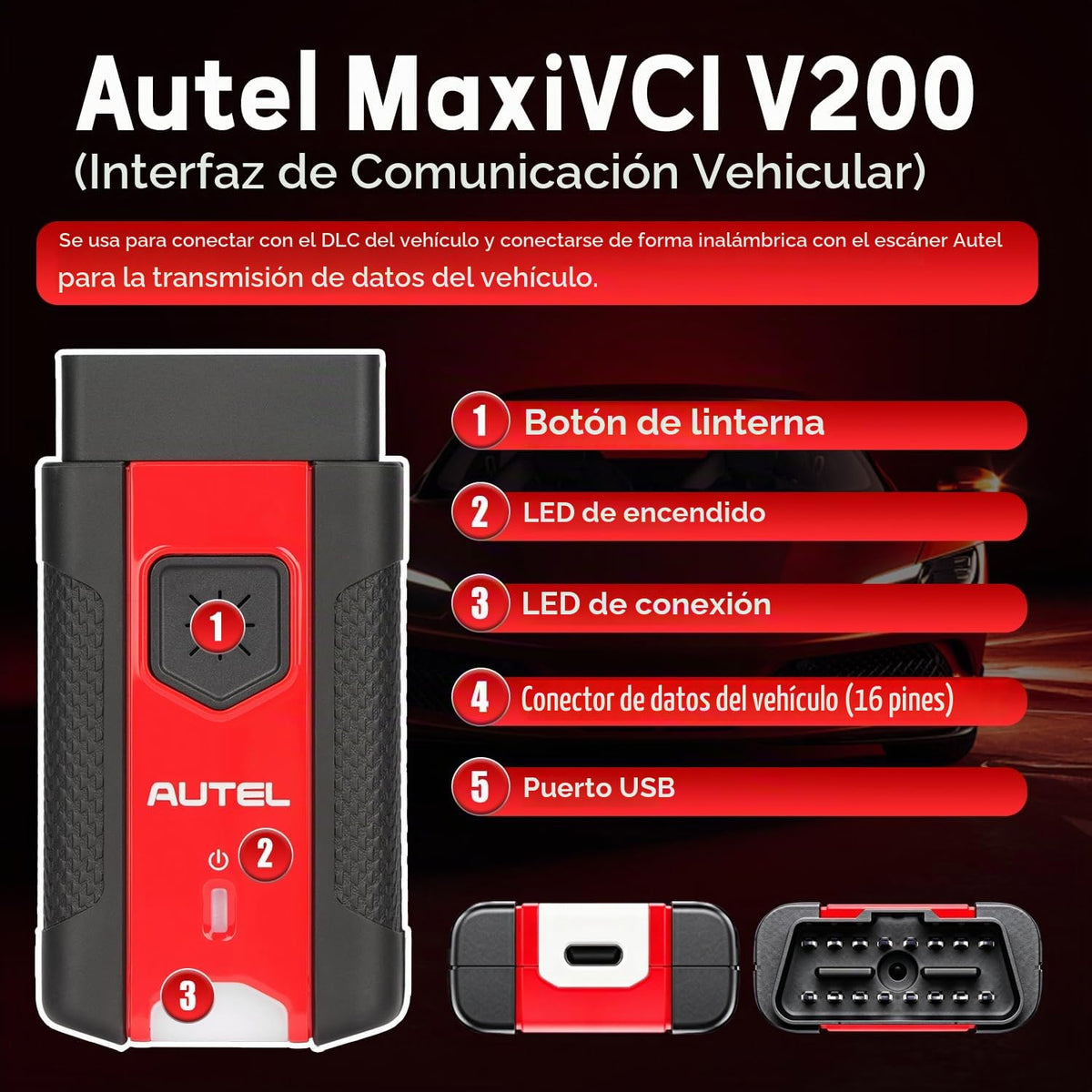 Interfaz de Comunicación Vehicular Autel MaxiVCI V200 Bluetooth Inalámbrico