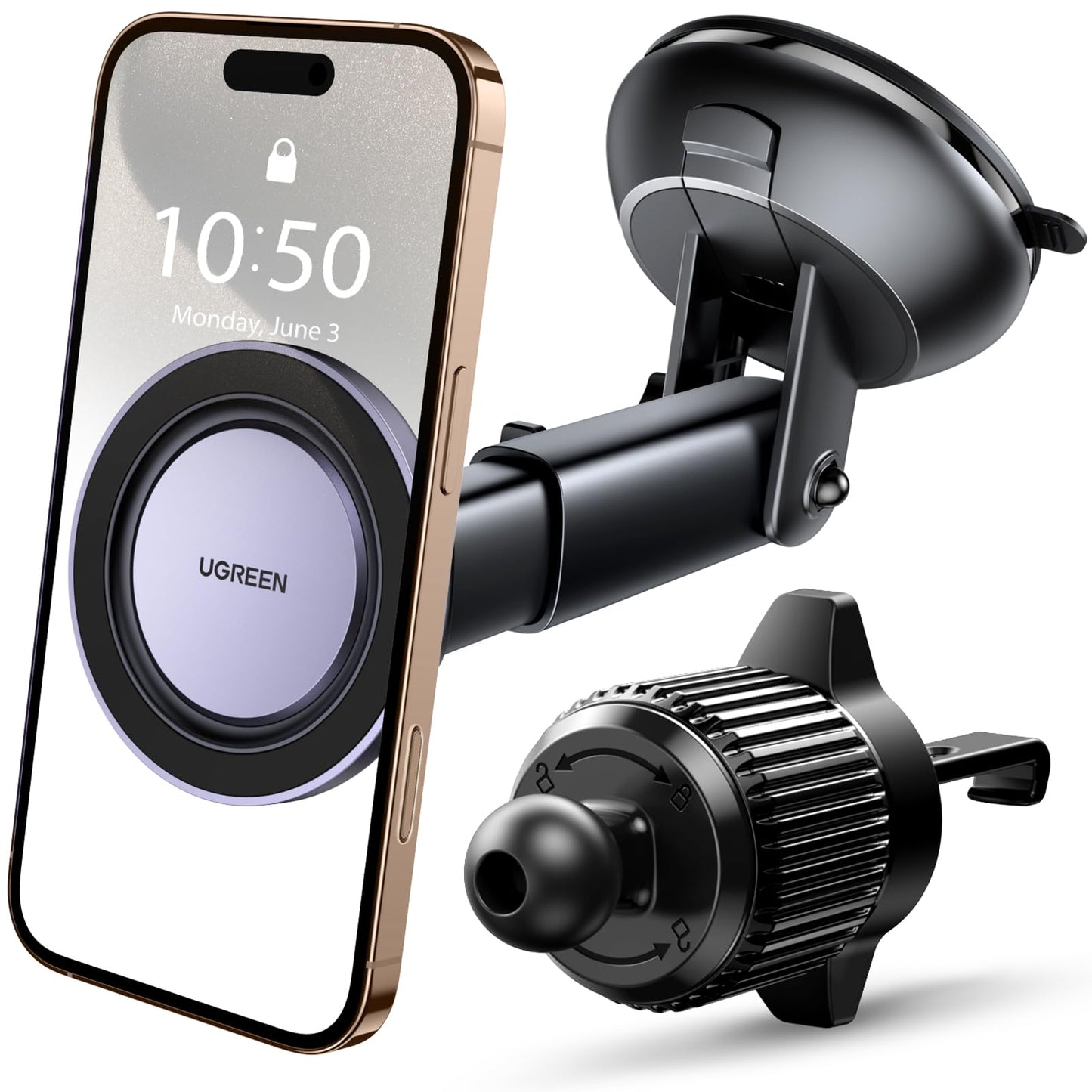 Soporte Celular Automóvil UGREEN Negro Multifuncional MagSafe 3 en 1 para iPhone y Todos los Celulares
